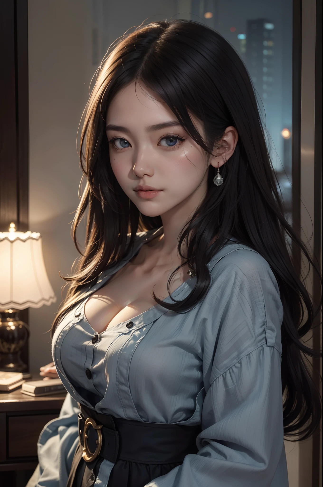 woman（The upper part of the body：1.2 1girl，tmasterpiece，best qualityer，Hyper-detailing，illustratio，Fine and detailed eyes and detailed face）  allure：brunette color hair，Natural makeup，（Purple eye：1.05），Round chest，looking at viewert，curvy build，Do not leak from the chest，独奏，A MILF，Military Office Background