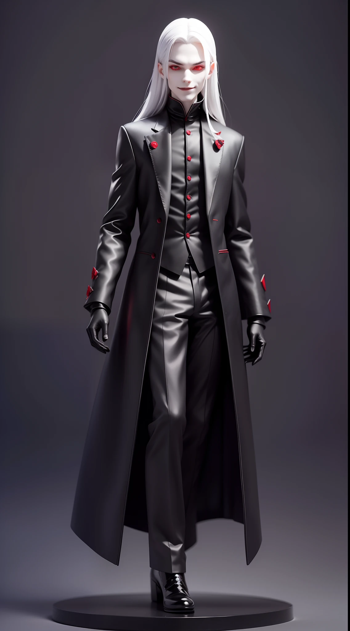 Creepy olfactory style,mistic,full body shot of,Vampires wear long black coats,Red eyes are his most striking feature,There seemed to be an evil aura hidden in his smile,His skin was as pale as snow,Vampire shoes,It shows a mysterious and majestic atmosphere
