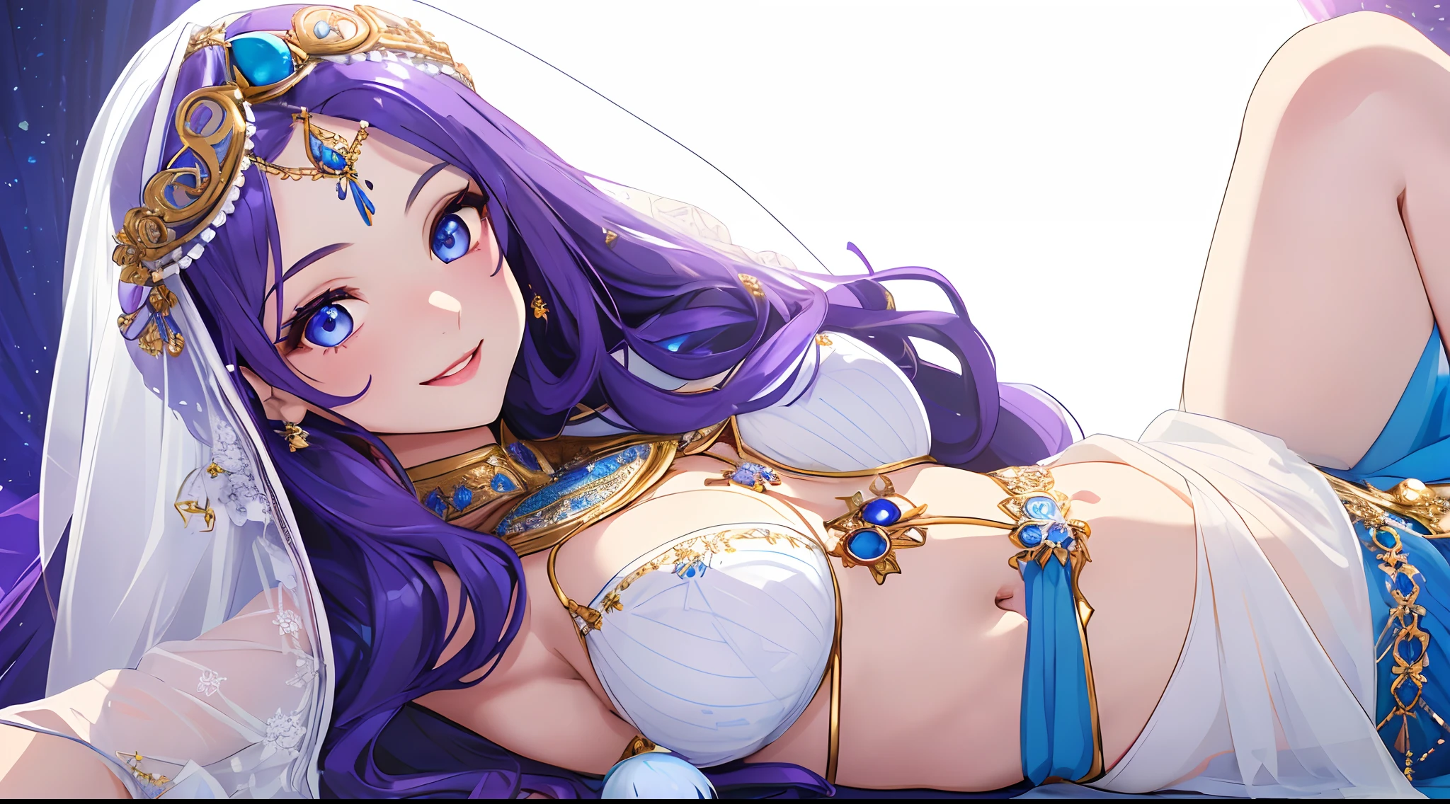 1 girl, solo, finely detailed beautiful eyes and detailed face, delicate facial features, (long purple hair, smile, blue eyes, loose hair), beautiful girl, (blue jewel on the forehead, white dress with blue ornaments, white veil with blue ornaments), medium chest, arabic aesthetic, belly dancer