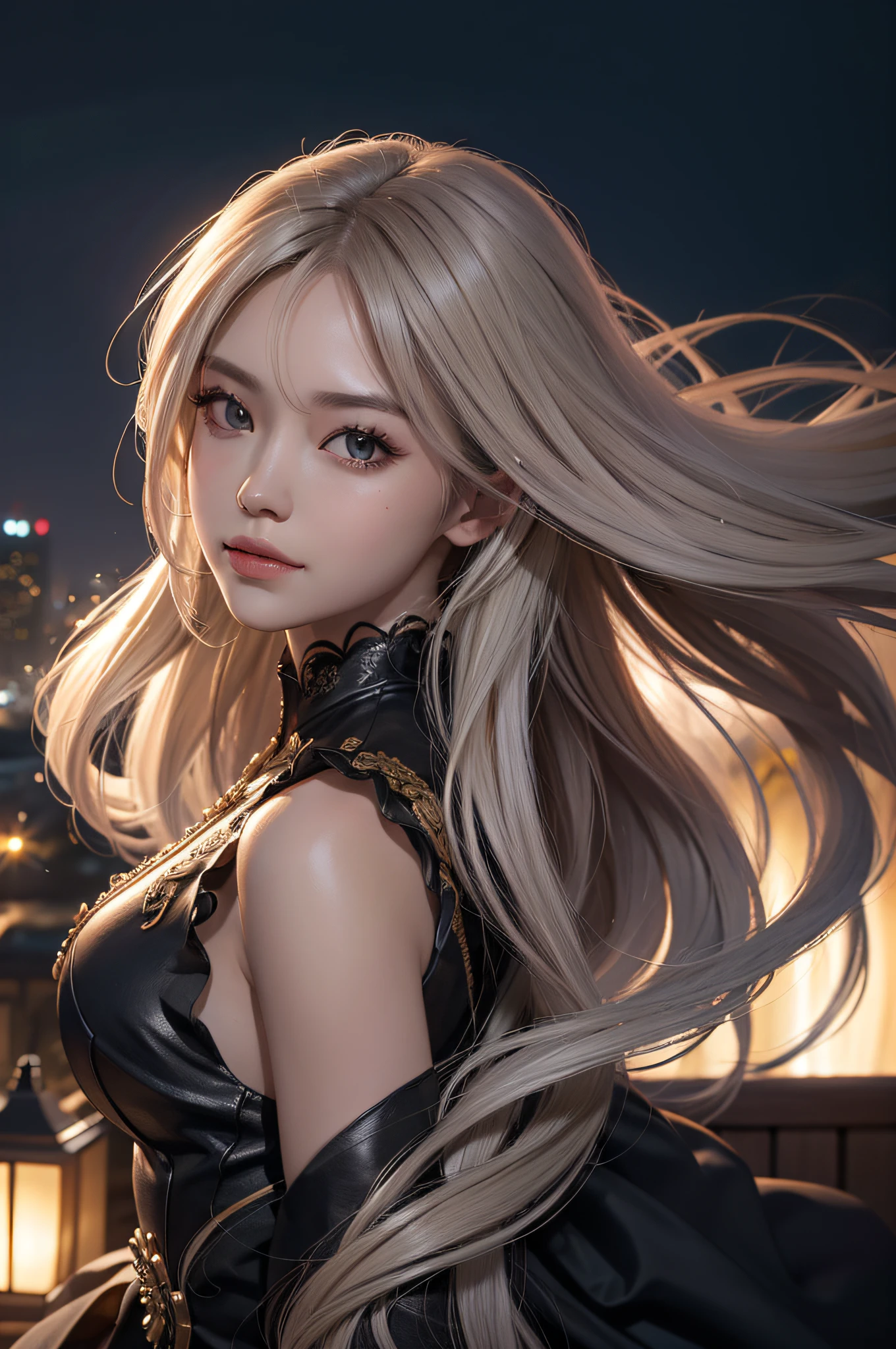 (Hyper-realistic) , (illustratio), (Increase the resolution),(8K), (extremely detaile), (美丽细致的眼睛),(The face is super detailed), 独奏,1个Giant Breast Girl, looking at viewert, in the darkness nigth, deep shading, ssmile,long whitr hair,cabelos preto e longos,