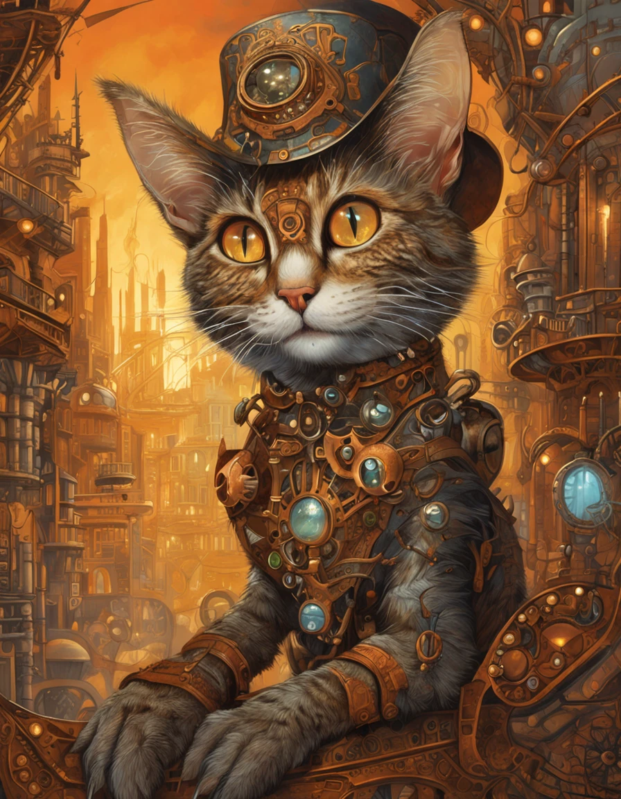 A cat with a sparkling skin and magical eyes in the middle of a lush steampunk city. Engrenagens gigantes, Airships and ornate buildings make up the scenery, while the cat seems to be in tune with the magical energy of the city. The orange light of twilight highlights the magical and metallic details around. Digital illustration with intricate details and steampunk elements.