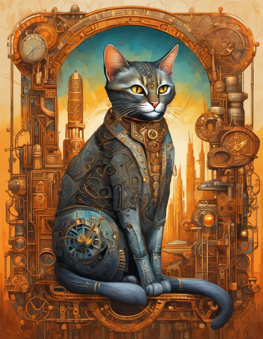 A cat with a sparkling skin and magical eyes in the middle of a lush steampunk city. Engrenagens gigantes, Airships and ornate buildings make up the scenery, while the cat seems to be in tune with the magical energy of the city. The orange light of twilight highlights the magical and metallic details around. Digital illustration with intricate details and steampunk elements.