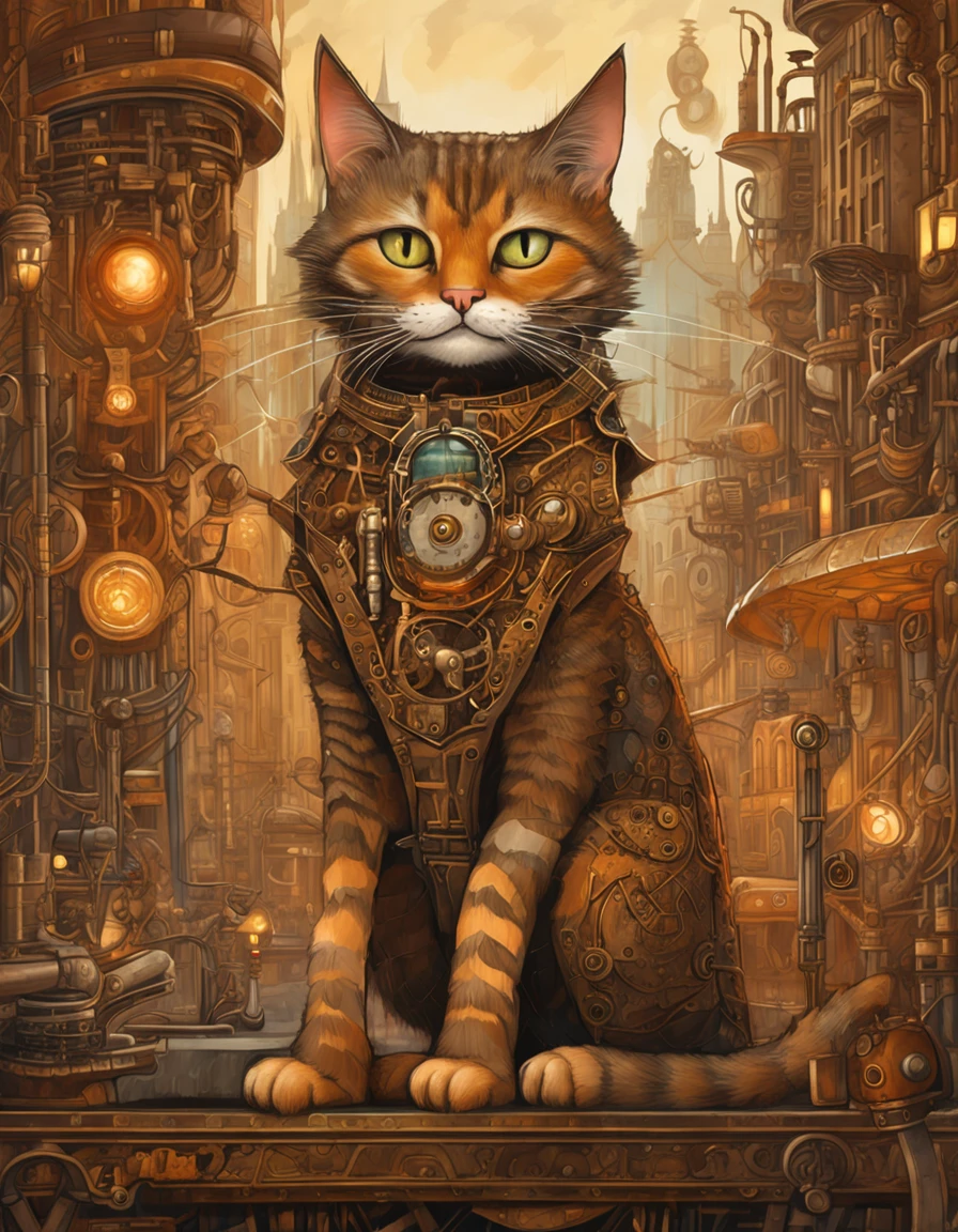 A cat with a sparkling skin and magical eyes in the middle of a lush steampunk city. Engrenagens gigantes, Airships and ornate buildings make up the scenery, while the cat seems to be in tune with the magical energy of the city. The orange light of twilight highlights the magical and metallic details around. Digital illustration with intricate details and steampunk elements.