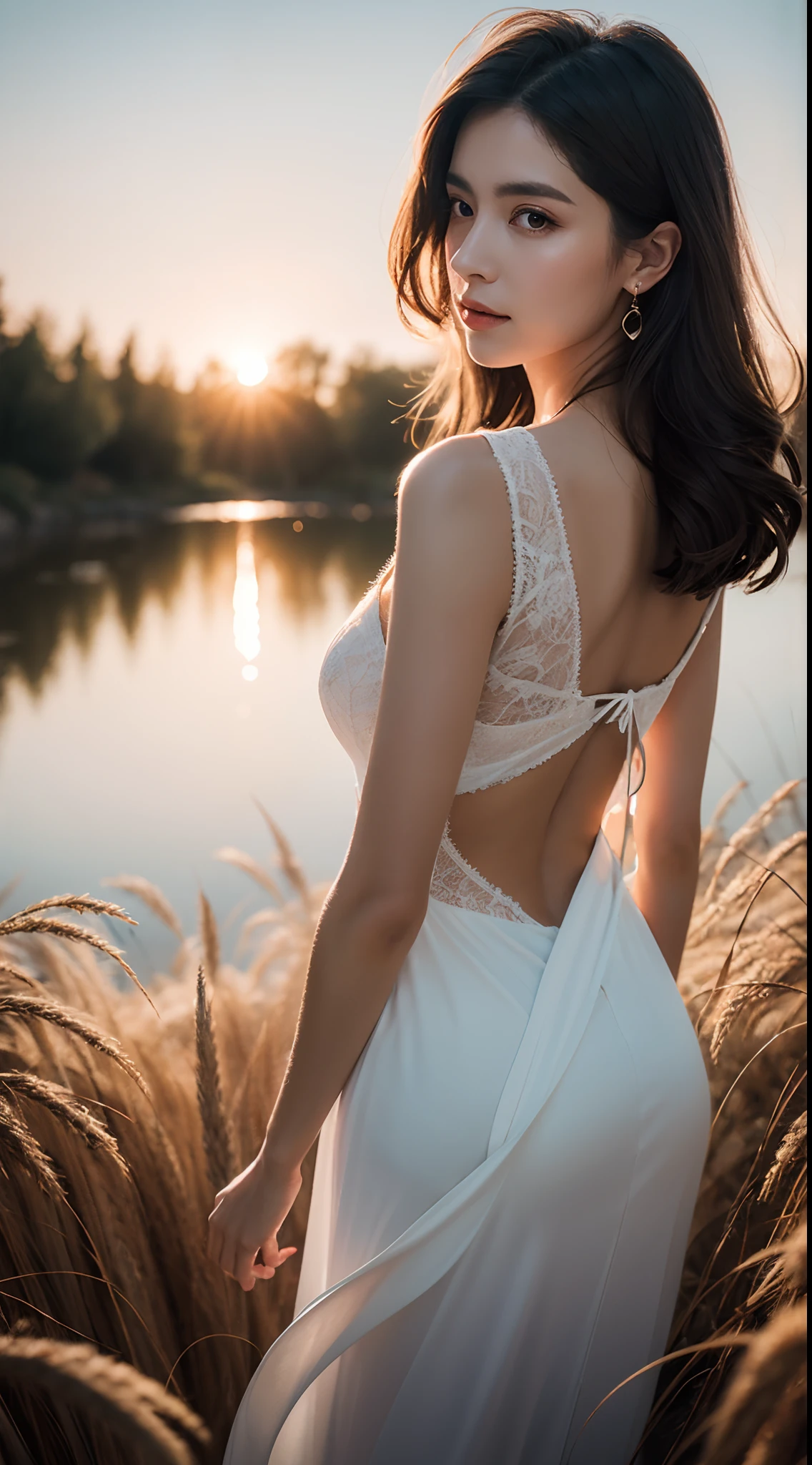 Close up portrait of a lovely woman （GLDOT） Bathe in the river， phragmites，Gorgeous and delicate butterfly ornaments，brilliant colorful，Fine engraving，Shine brightly，The attention to detail，The quality of the jewelry is excellent，Extremely high image quality， （The light from the back window is backlighted）， Realistis， tmasterpiece， highest  quality， lens flare glow， shadowing， blooms， [[color difference]]，JeremyLipking，Antonio Manzanedo，digitial painting，
