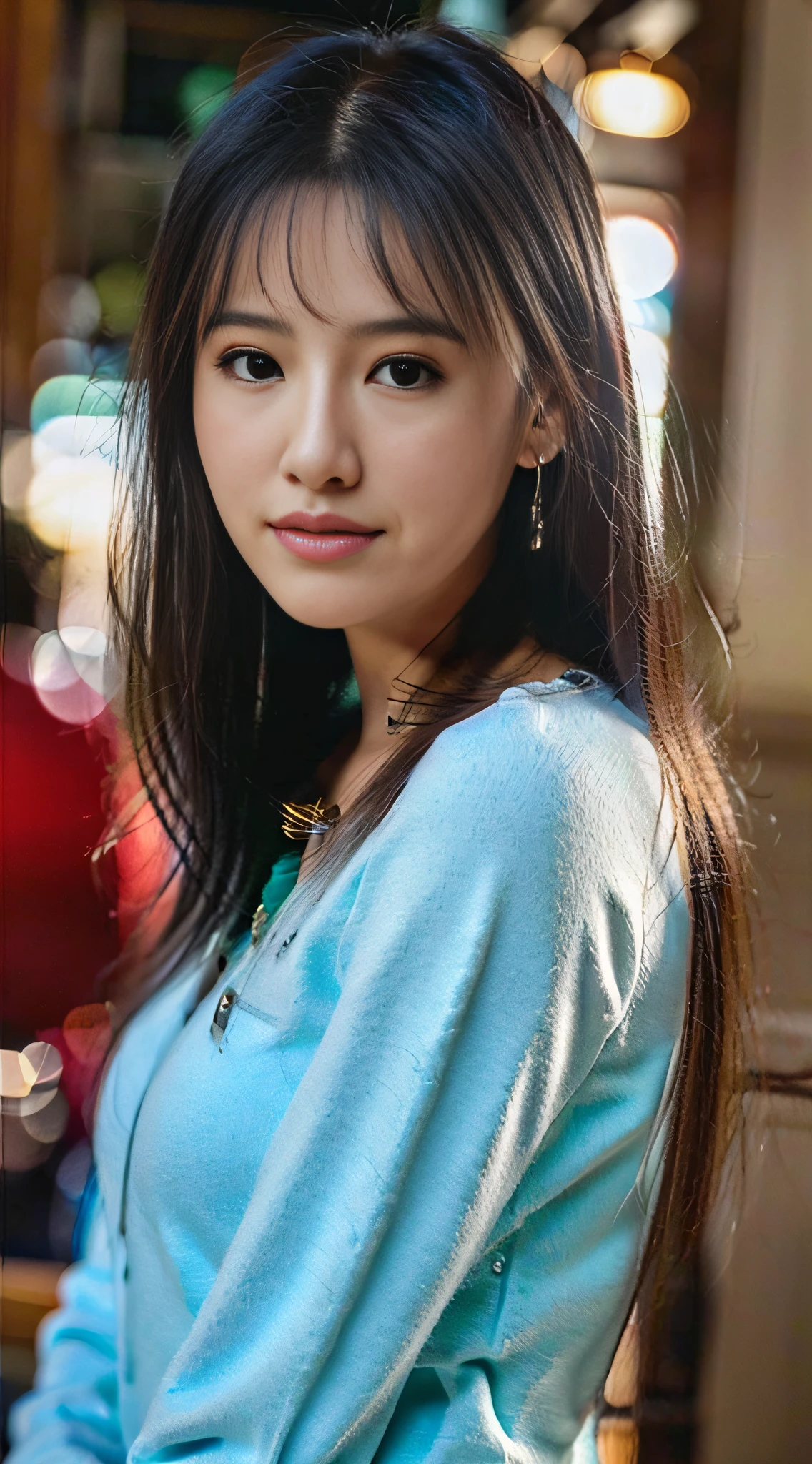 (8K、Raw photography、top-quality、masterpiece:1.2)、(realisitic、Photorealsitic:1.37)、ultra-detailliert、超A high resolution、女の子1人、see the beholder、beautifull detailed face、A smile、Constriction、(Slim waist) :1.3)、The shirt、Beautiful detailed skin、Skin Texture、floated hair、profetional lighting、model poses
