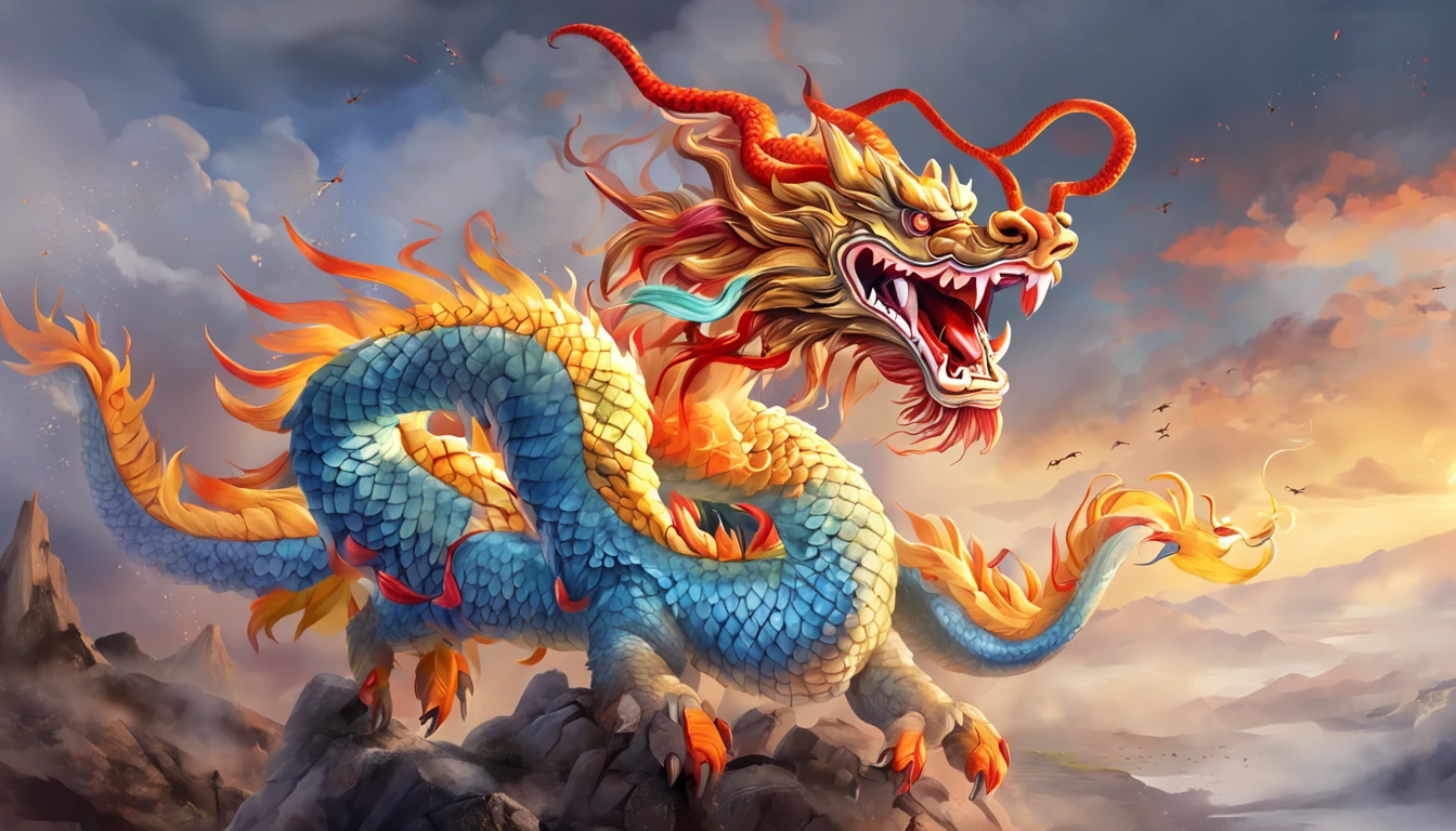 Full body like, Chinese dragon, Loong, extremely detailed CG unity 8k wallpaper, (colorful:1.2), sharp teeth, red eyes, teeth, Hires upscale: 1.7, Hires upscaler: 4x_NMKD-Siax_200k, Denoising strength: 0.45, lifelike texture, Dynamic angle, (((+++Lightning and bodyInterweave///))), Colorful auspicious clouds, drop shadow, atmospheric perspective, panorama, wide shot, 16k, anatomically correct, super detail
