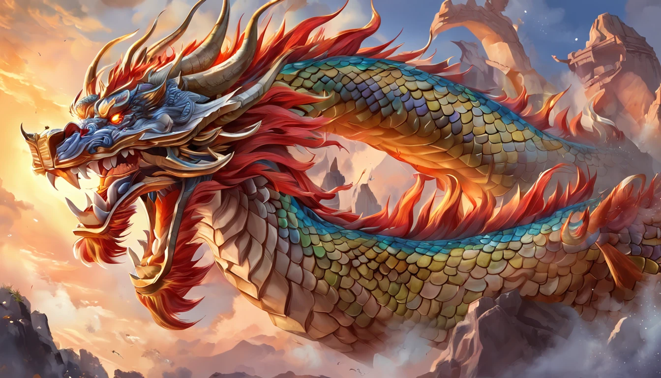 Full body like, Chinese dragon, Loong, extremely detailed CG unity 8k wallpaper, (colorful:1.2), sharp teeth, red eyes, teeth, Hires upscale: 1.7, Hires upscaler: 4x_NMKD-Siax_200k, Denoising strength: 0.45, lifelike texture, Dynamic angle, (((+++Lightning and  bodyInterweave///))), Colorful auspicious clouds, drop shadow, atmospheric perspective, panorama, wide shot, 16k, anatomically correct, super detail
