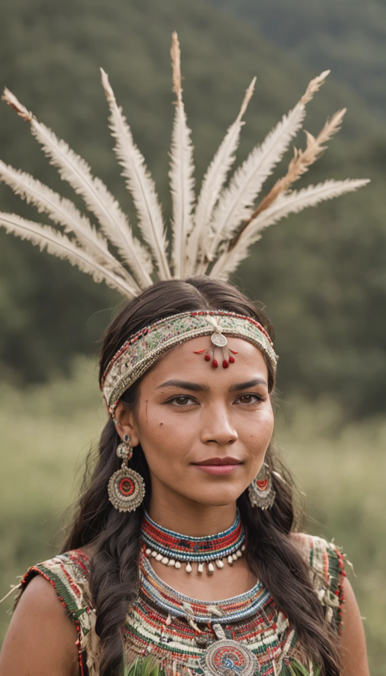 Uma foto do rosto de uma mulher nativa americana, com olhos verdes, cabelos pretos, and a highly detailed Cherokee headdress adorning his head. She smiles at the camera. She wears traditional and abbreviated indigenous clothing, exibindo seu corpo esguio. She's walking across a grassy plain with flowers.

A foto captura a beleza natural e a riqueza cultural da mulher nativa americana. The cinematic lighting highlights the intricate details of his headdress and highlights the depth of his green eyes, Criando um efeito cativante. O Unreal Engine garante uma qualidade fotorrealista, making the image look like a moment frozen in time.

Seu cabelo preto contrasta lindamente com as cores vibrantes do cocar, increasing its striking appearance. Their traditional clothing reflects their cultural heritage and complements the natural scenery of the grassy plain.

O sorriso da mulher exala calor e positividade, Creating a connection to the viewer. Their slender body and traditional costumes show their cultural identity and resilience.

The natural setting of the grassy plain with flowers offers a picturesque setting, aumentando a autenticidade da cena. The camera chosen for this photo captures the intricate details of his expression and costume.

The result is a visually engaging image that celebrates a woman's heritage and individuality, capturing their captivating appearance and cultural significance in a single frame. The combination of its unique features, Traje Tradicional, and the natural environment makes the photo exude a sense of cultural pride and harmony with nature