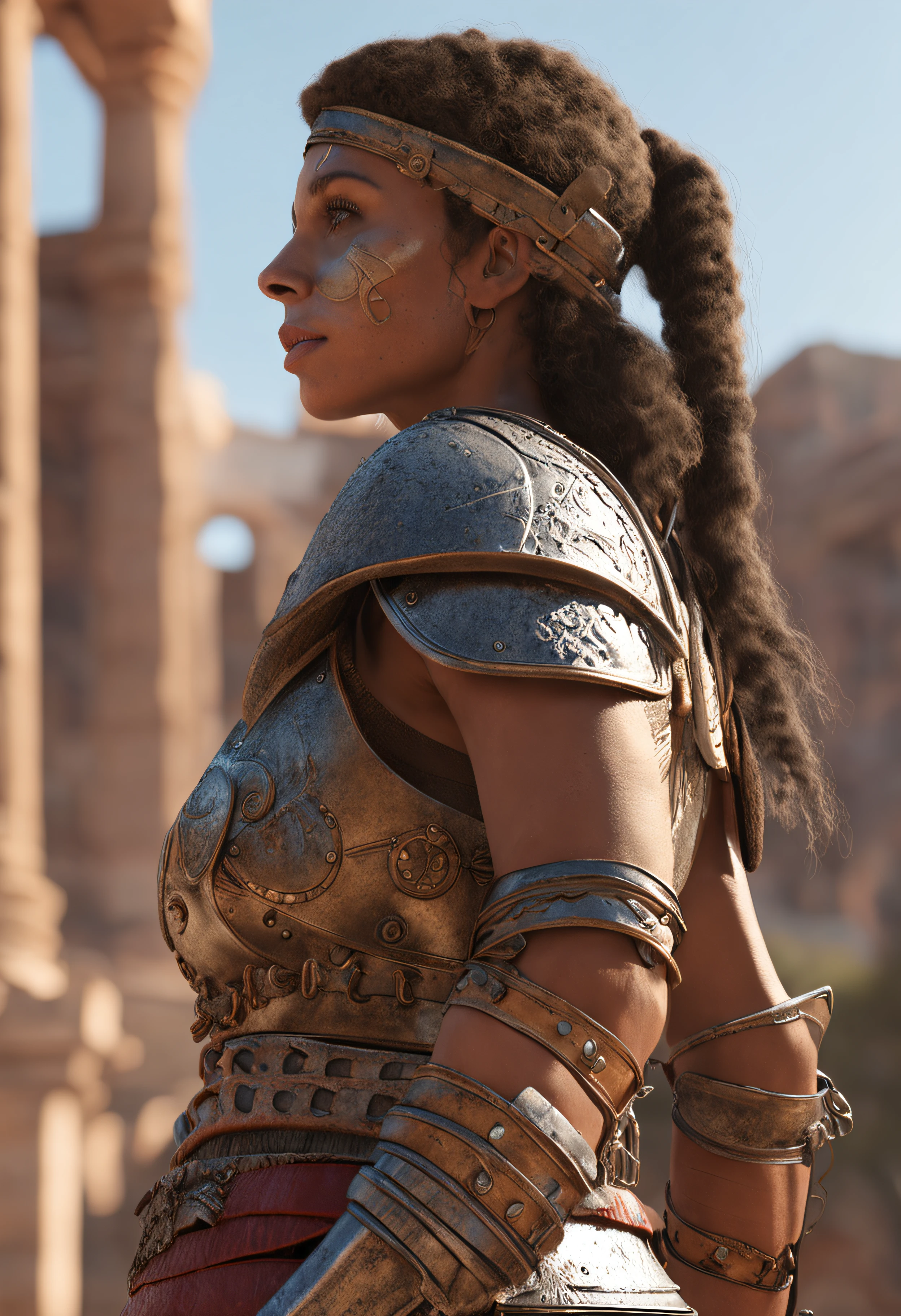 "(Accurately rendered lateral view:1.2, 1 female warrior, butt visible, intricate anatomical details:1.1, beautiful detailed mediterranean face, exposed armor, stunning beauty, parted lips, dynamic pose, Roman gladiator attire, enhanced level of detail:1.3)"