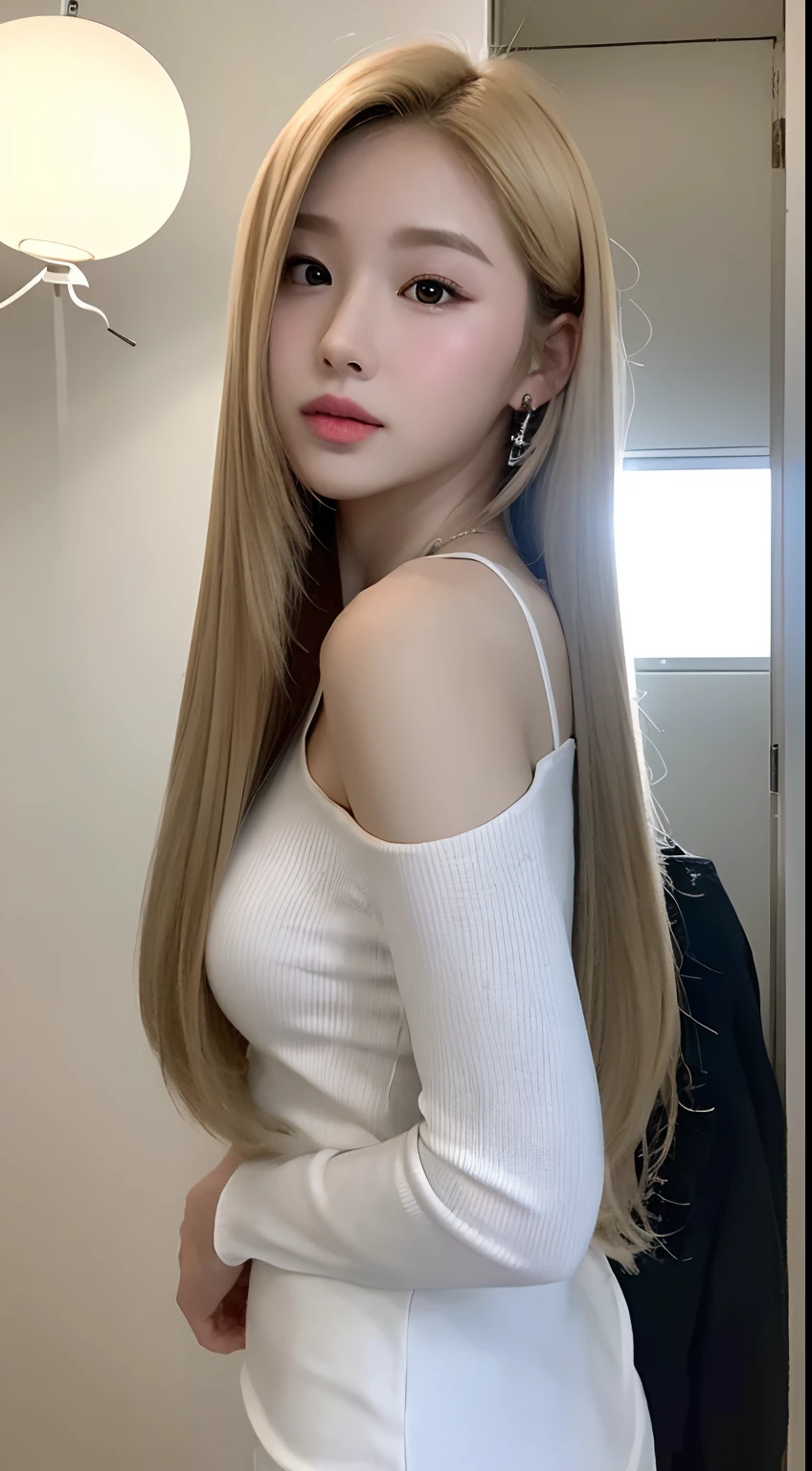 ((Realistic lighting、top-quality、8K、masterpiece:1.3))、Clear focus:1.2、1girl in、flawless beauty:1.4、slim((blonde hair))、Neat and clean clothing、One-piece clothes、Superfine Face、Narrow-eyed、二重まぶた、lighting like a movie、photos realistic、28 year old、Straight hair、Face like a K-pop idol、white backgrounid