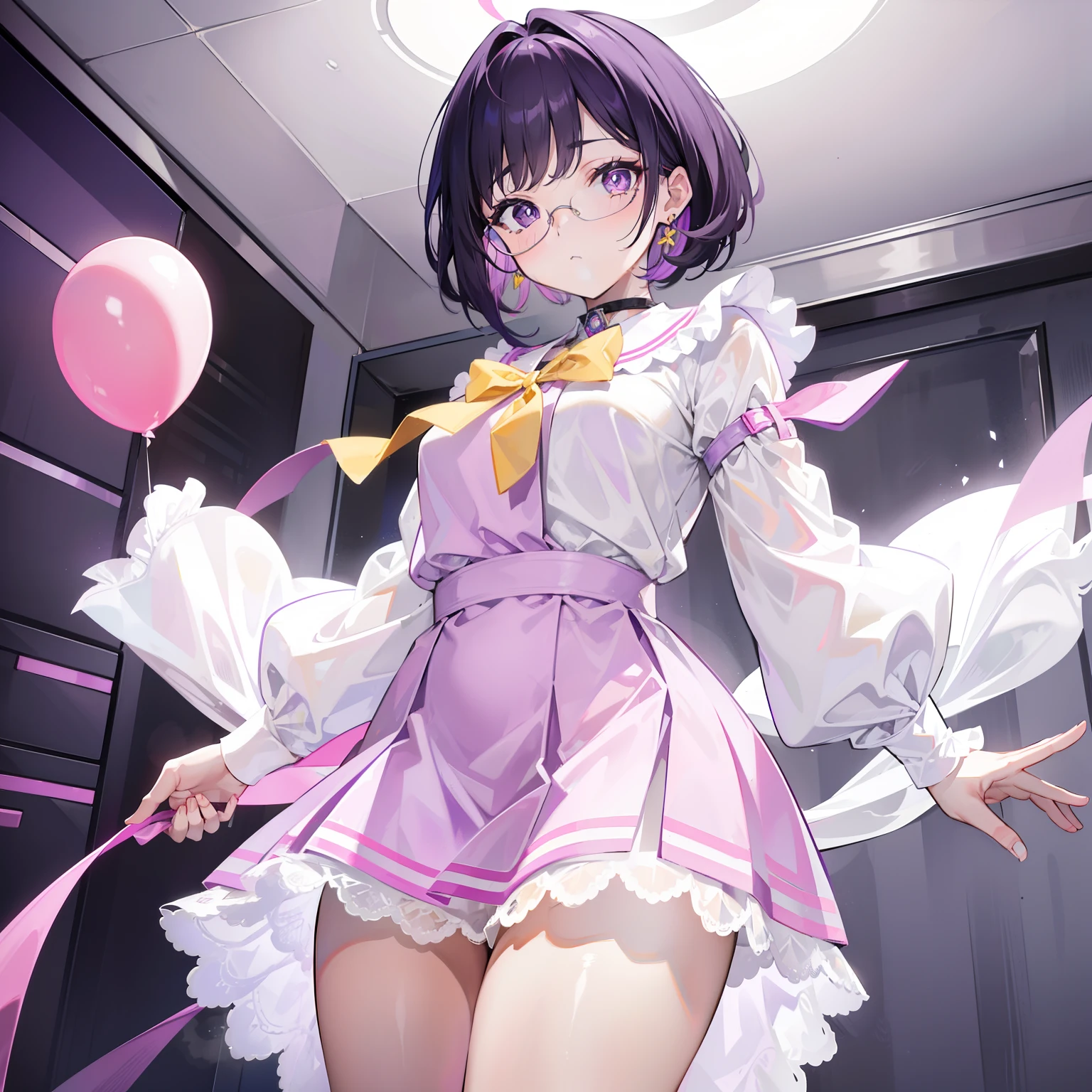 Thick short hair with a purple white gum,Two small knots of hair,It is tied with a yellow bow,Apricot pupils,Wearing a lawyer's dress in pink, yellow and white,With white-framed glasses,She is a cute girl with fierce milk