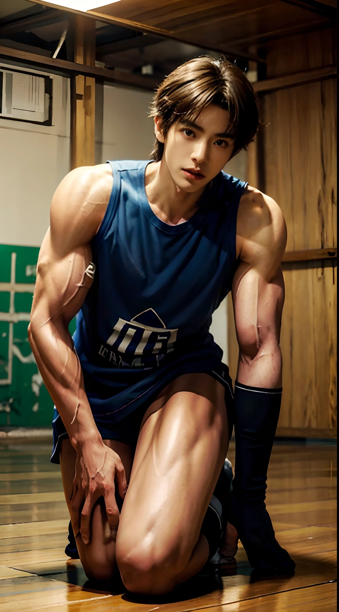 (((Best quality))),(((Ultra detailed))),(((Masterpiece))),(Cute tall Shota:3),solo person,(full bodyesbian:3),(Stay away from the lens:3),Expose your legs,Titan muscles,hulk muscles,(revealing the whole body:2),(Frontal heads-up view:1.2),malefocus,(looking at viewert),16 yaers old,(Tall:3),(Tall guy:2),Super tall,(Height 300 cm:2),Excellent body proportions,muscular physique,(1.The shoulders are 5 times wider:1.2),(Slender straight legs:2.5),muscle leg,Slender feet,small heads,musculous,The face of the animated male protagonist,(Very detailed beautiful face and eyes:2),(Big bright eyes:1.2),Sharp eyeliner,Clear and beautiful face,exhilarated,(ssmile:2),short detailed hair,(Correct facial features),(tilts your head:1.5),(Men's basketball uniform:2),Long sport men's socks,(Muscle firming:2),Strong,(Wide shoulders and narrow waist:2.2),Detailed muscle texture,Highlights muscle structure,(in a subway),(Kneeling:4),(full length shoot),ultra-realistic realism, (Photorealistic detail), Incredible accuracy, lifelike textures, masterful technique, Jaw-dropping precision, artistic dedication,(anatomy correct),Good lighting,exquisite detailing,Best quality,stunning masterpiece,CG,(Colored screen)