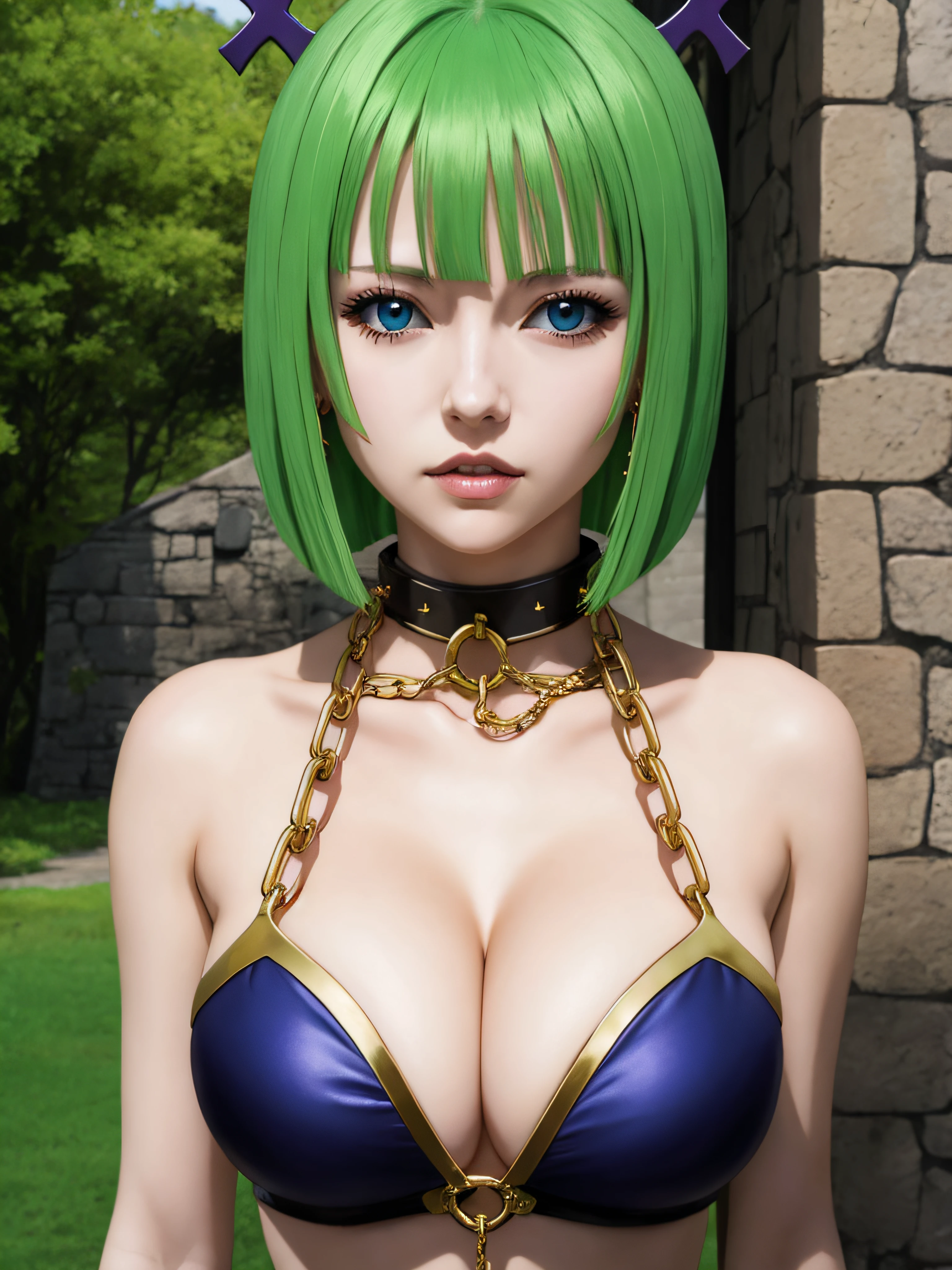 brandish, 1girl, solo, looking at viewer, simple background, cleavage, upper body, collar, chain,  anime coloring, outdoors,