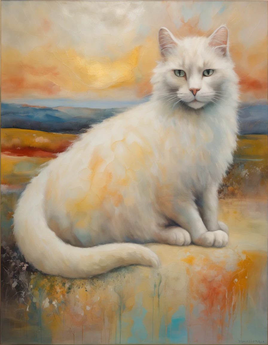 a soft, white-coated cat resting in an ethereal landscape of spongy clouds. The clouds seem to create magical shapes around the cat, como se estivessem respondendo aos seus sonhos. A luz suave do sol nascente banha tudo em tons dourados e rosados, criando um ambiente de serenidade e encanto. Pintura aquarela com detalhes delicados e pinceladas suaves.