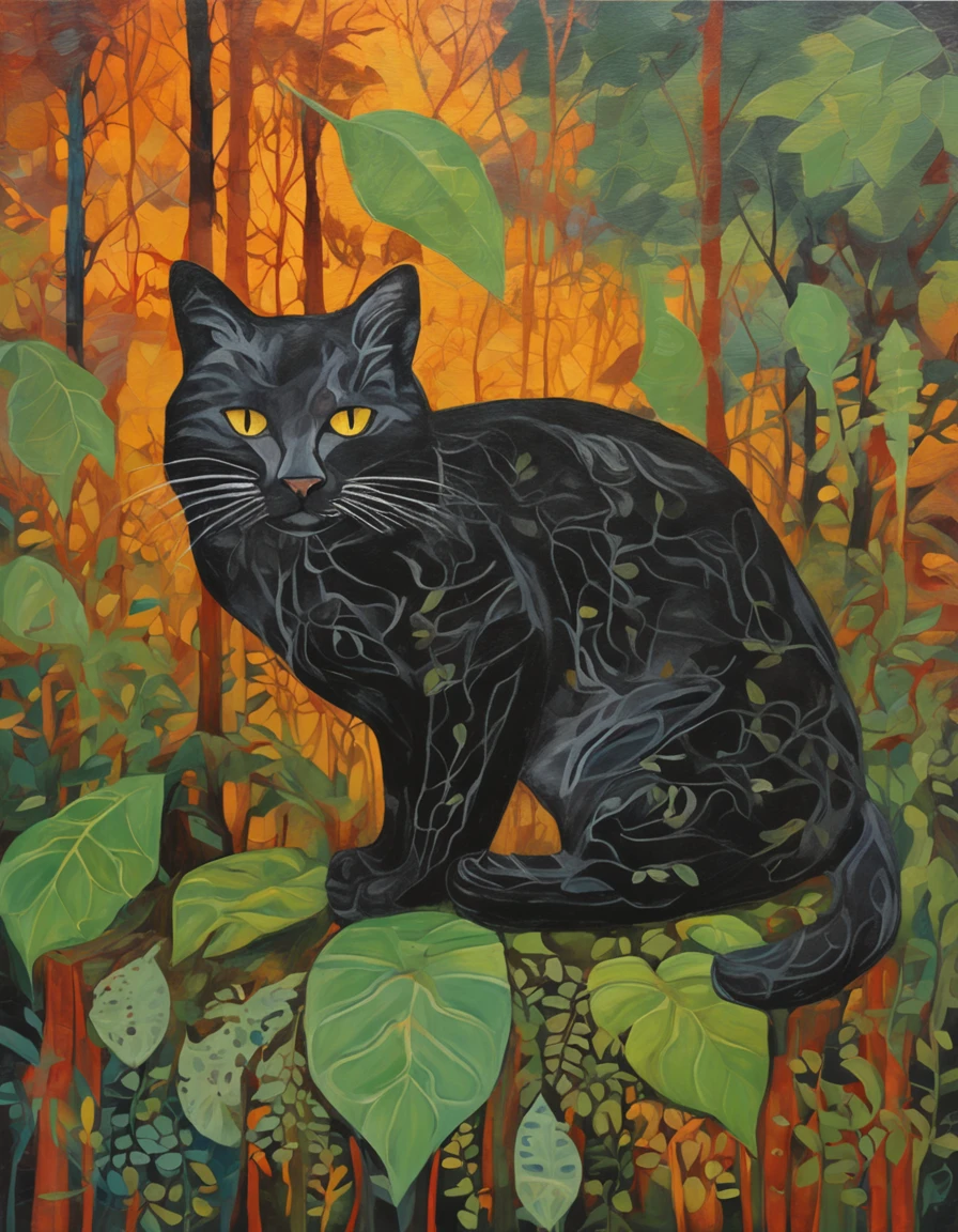 um gato negro e misterioso se esgueirando pelas sombras de uma floresta encantada. The moonlight filtered through the leaves creates magical patterns on the ground, enquanto os olhos brilhantes do gato refletem a lua cheia. The atmosphere is charged with mystery and charm, As if the cat were a keeper of the secrets of the forest. Detailed illustration in black and grayscale, with a focus on textures and magical atmosphere.