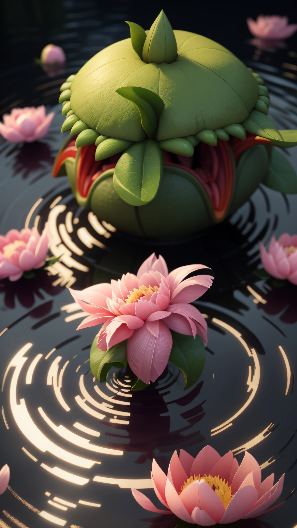 Peony flower monster in the stream，Virtual Engine 5，Perfect detail rendering，rendering by octane，hyper HD