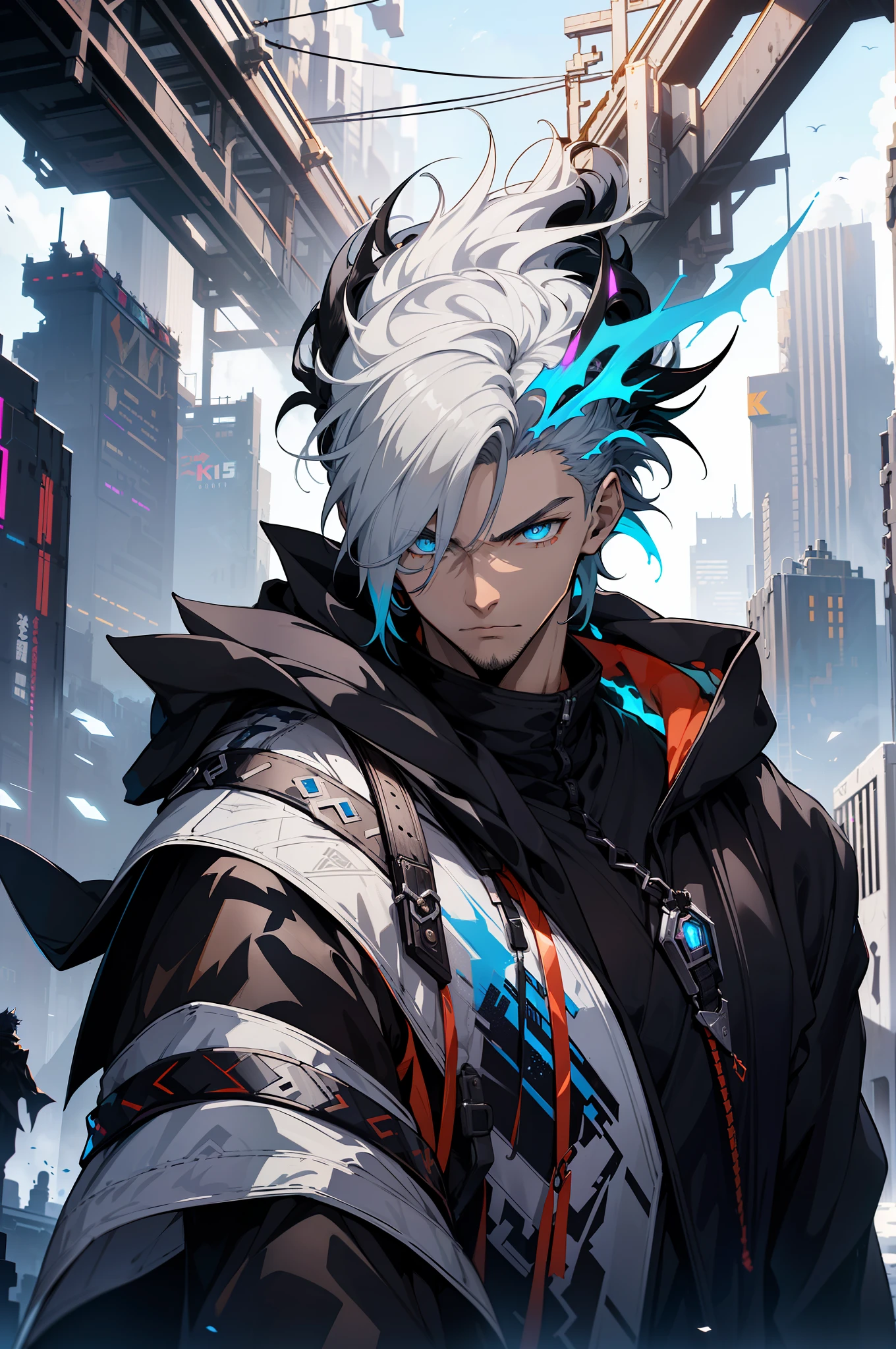 Cyberpunk male, fantasy world, dark background, clean design, epic instagram, artstation, colorful paint splatter, silhouette, hyper detailed intricate details, unreal engine, fantasy, intricate details, splash screen, complementary colors, Fantasy concept art, 8k resolution, deviantart masterpiece, oil painting, heavy strokes, paint dripping, (isolated on white background: 1.3), rainbow skin, (((handsome young man))), ((age:1.5) ), (glowing blue eyes), ((light eyes)), ((((short white hair: 1.1))), ((black clothes)), (prince\\(indifferent expression\\),, ( ((Wears high detail luxurious black robe))), white hair, frost magic, ((chest) --v 6