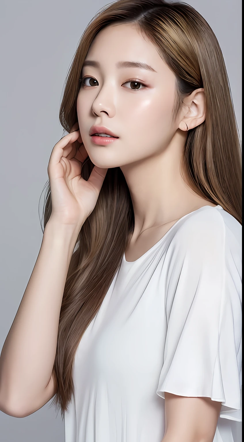 ((Realistic lighting、top-quality、8K、masterpiece:1.3))、Clear focus:1.2、1girl in、flawless beauty:1.4、slim((blonde hair))、Neat and clean clothing、One-piece clothes、Superfine Face、Narrow-eyed、二重まぶた、lighting like a movie、photos realistic、28 year old、Straight hair、Face like a K-pop idol、white backgrounid、Gray background