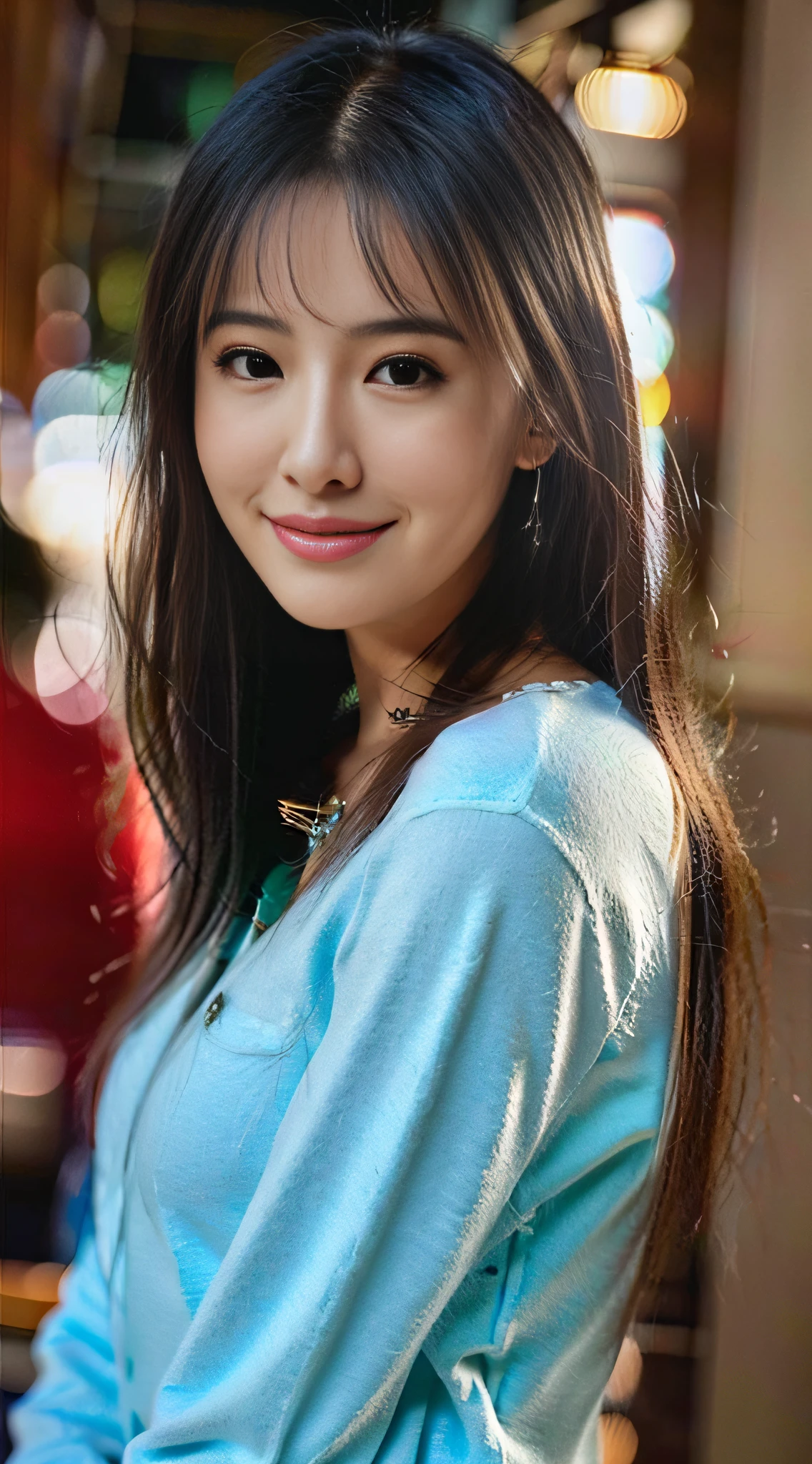 (8K、Raw photography、top-quality、masterpiece:1.2)、(realisitic、Photorealsitic:1.37)、ultra-detailliert、超A high resolution、女の子1人、see the beholder、beautifull detailed face、A smile、Constriction、(Slim waist) :1.3)、The shirt、Beautiful detailed skin、Skin Texture、floated hair、profetional lighting、model poses、ssmile