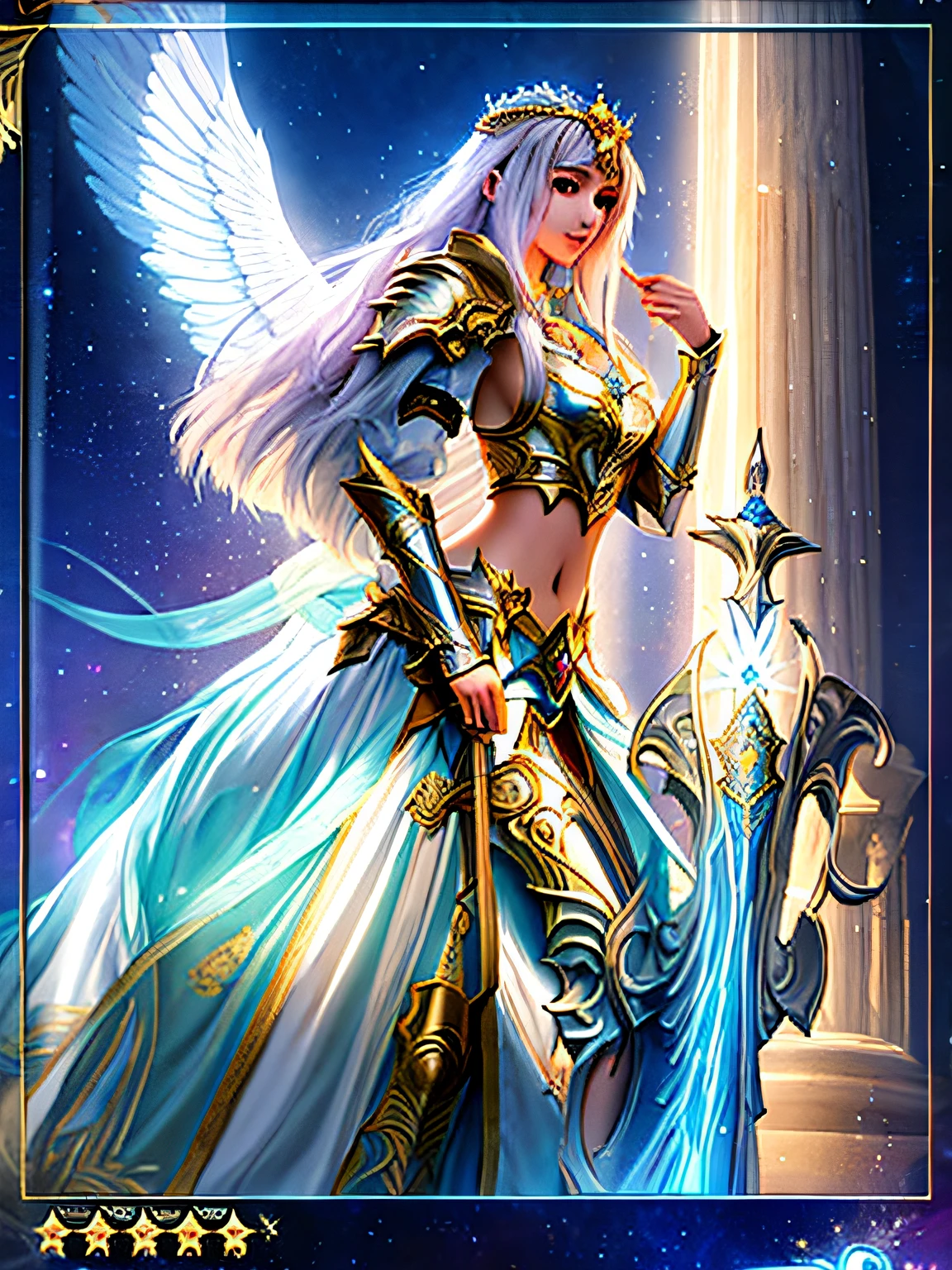 Mujer de cabello rubio con armadura sosteniendo una espada y un escudo, Seductora princesa elfa caballero, Diosa del anime, portrait knights of zodiac girl, Vestido con armadura ligera, ((a beautiful empress of fantasy)), a beautiful empress of fantasy, gorgeous female paladin, Armadura dorada angelical, anime fantasy illustration, knights of zodiac girl, Diosa de la Luz, angel knight girl, Hermoso Mago Celestial