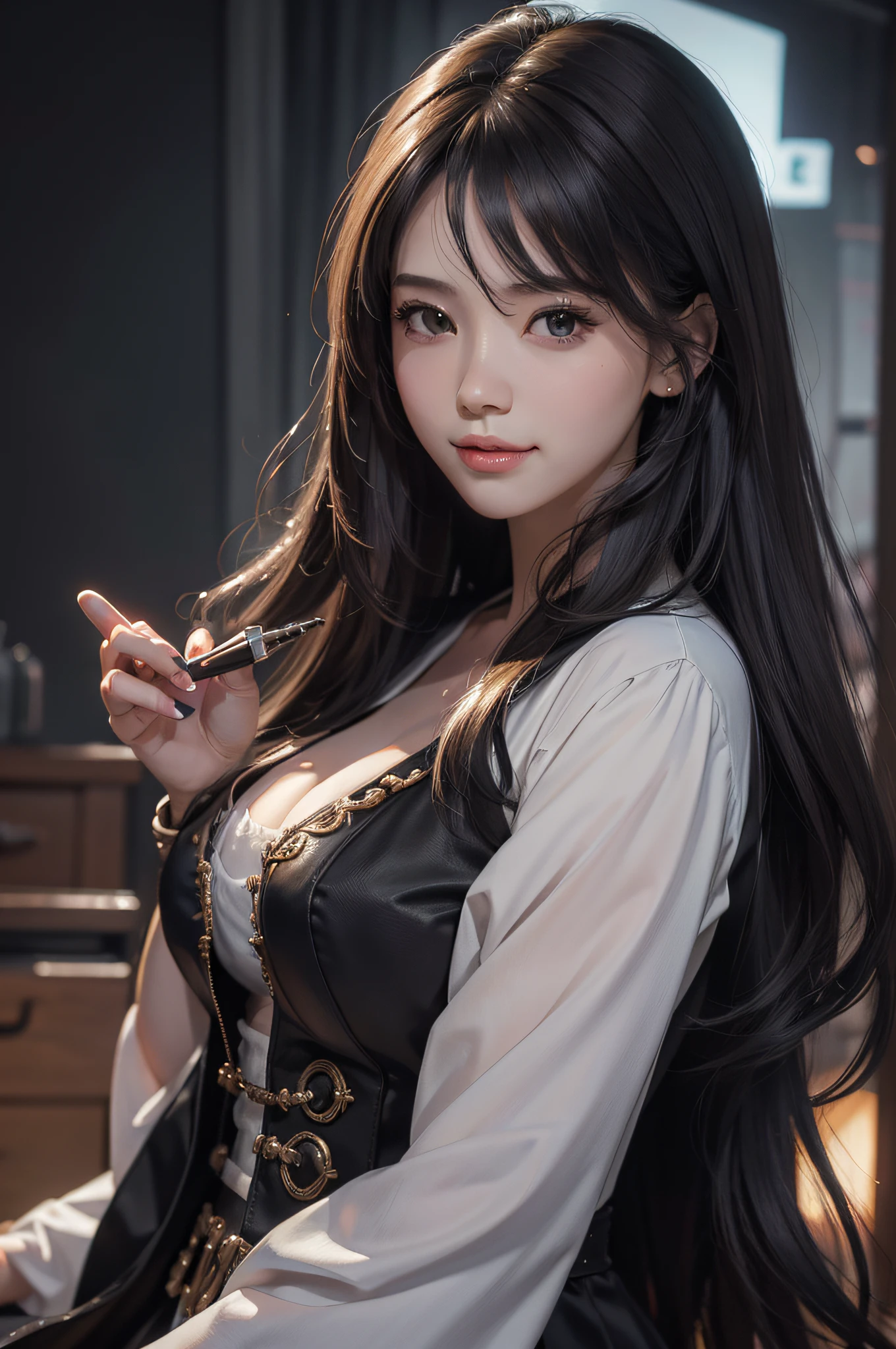 (Hyper-realistic) , (illustratio), (Increase the resolution),(8K), (Most Best Illustration),(extremely detaile), (美丽细致的眼睛),(The face is super detailed), (详细的脸), 独奏,1个Giant Breast Girl, looking at viewert, in the darkness nigth, deep shading, ssmile,long whitr hair,cabelos preto e longos,