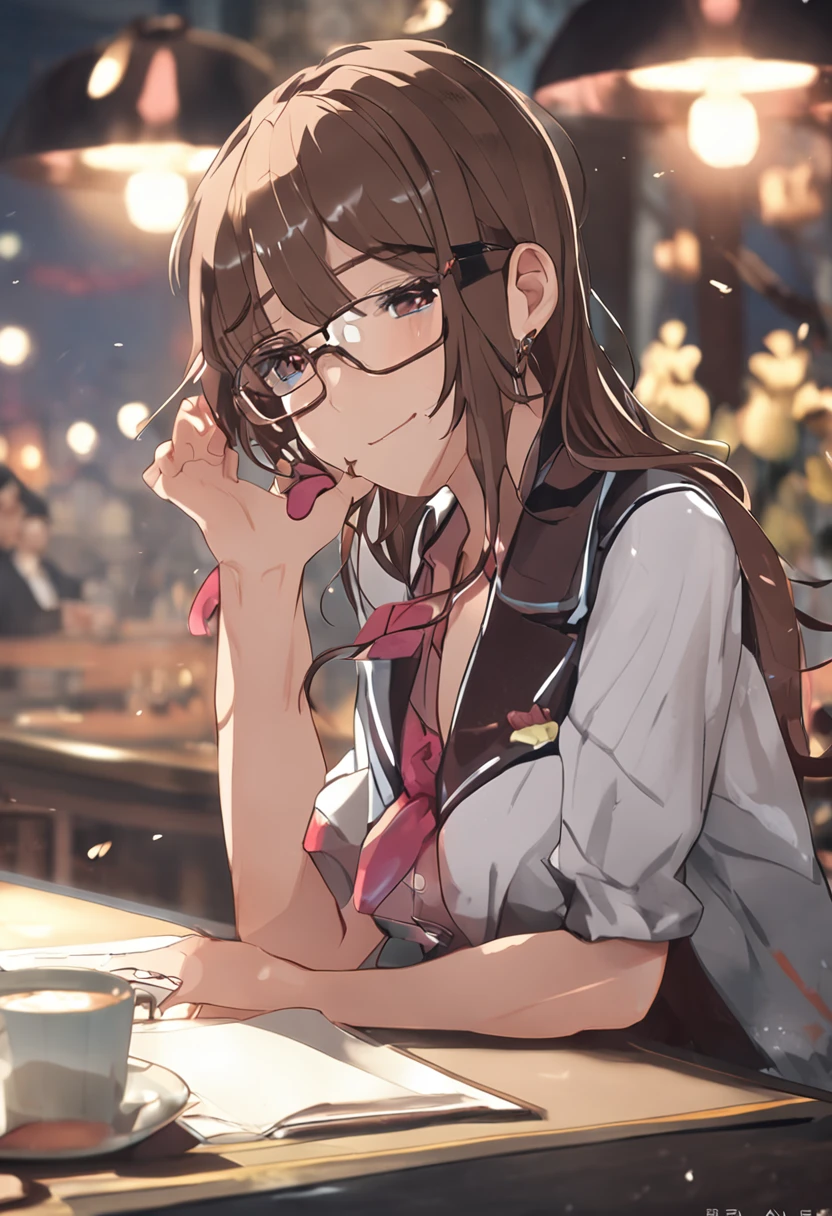 Beautuful Women、suits、Notebook work、wears glasses、Brown hair、Maki Nishiyama、a smile、building、cafes、Adults