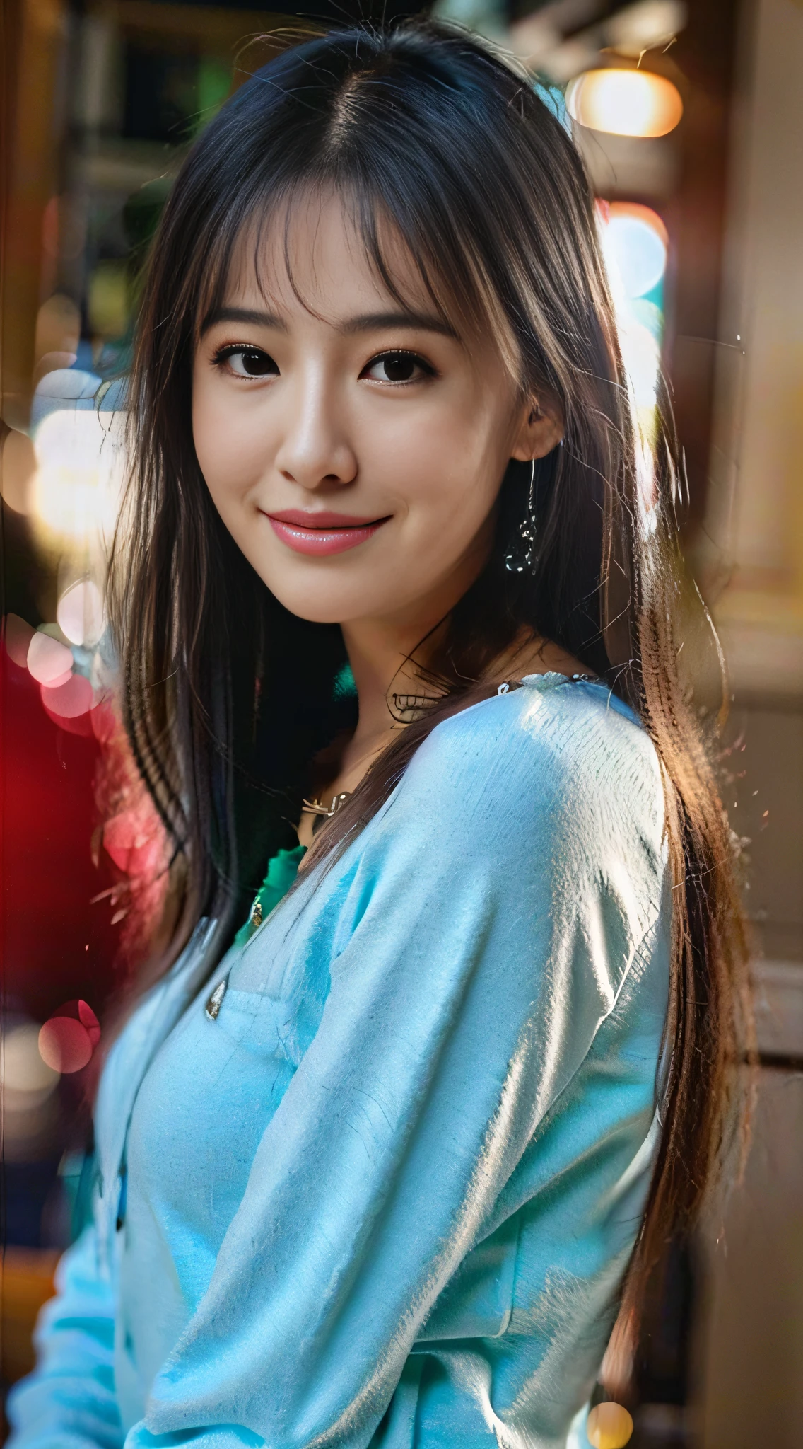 (8K、Raw photography、top-quality、​masterpiece:1.2)、(realisitic、Photorealsitic:1.37)、ultra-detailliert、超A high resolution、女の子1人、see the beholder、beautifull detailed face、A smile、Constriction、(Slim waist) :1.3)、The shirt、Beautiful detailed skin、Skin Texture、floated hair、profetional lighting、model poses、ssmile