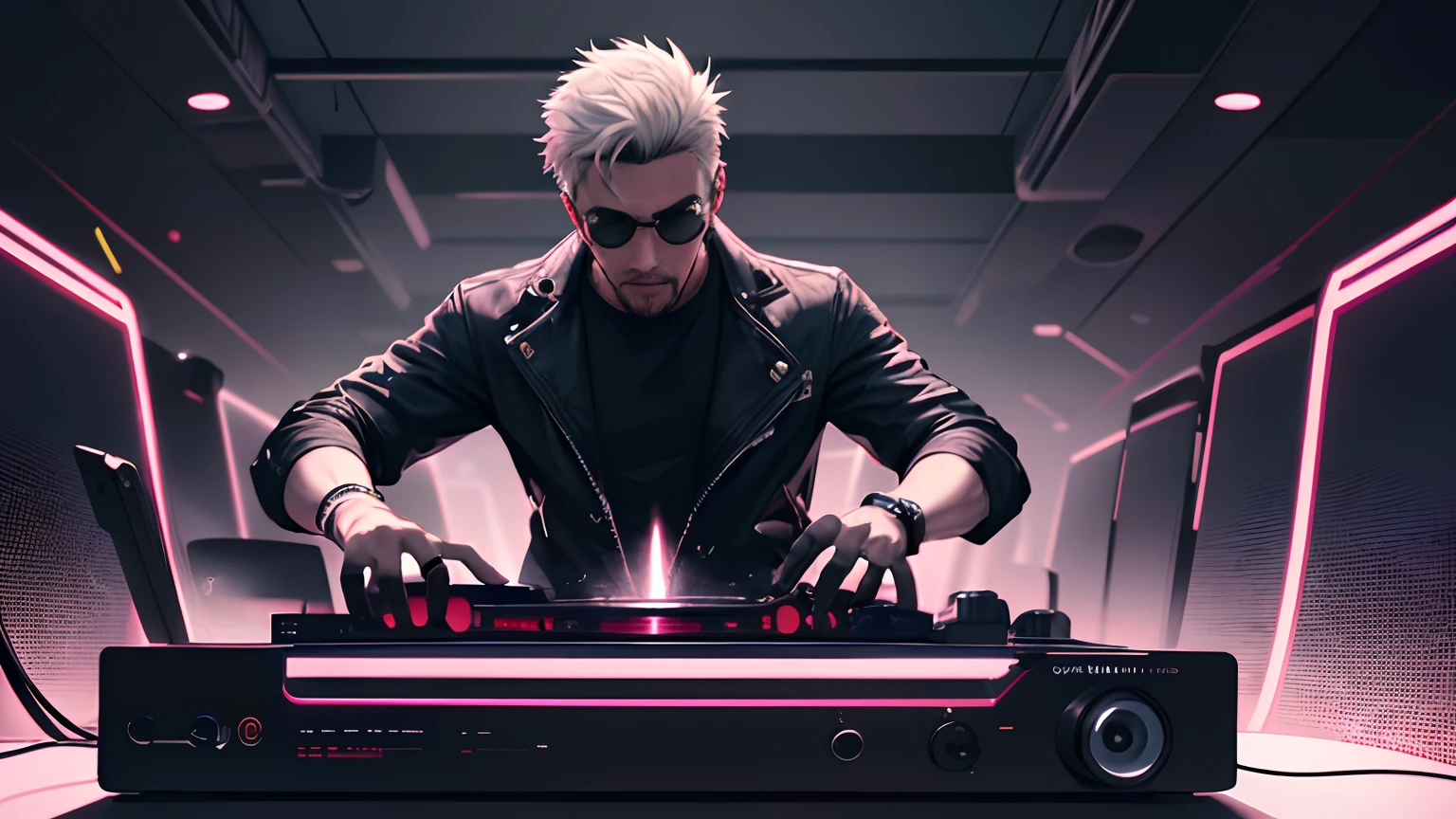 A man DJ wears a vinyl record player on a sci-fi DJ table,cyberpunk, (The upper part of the body:1.5), In a lively discotheque,Punk man, neon ring in background, cyberpunk art style, cyberpunk style, cyberpunk style, cyberpunk character, hyper-realistic cyberpunk style, cyberpunk color, powerful lighting, motion synchronization, dynamism, charged energy, hot action
