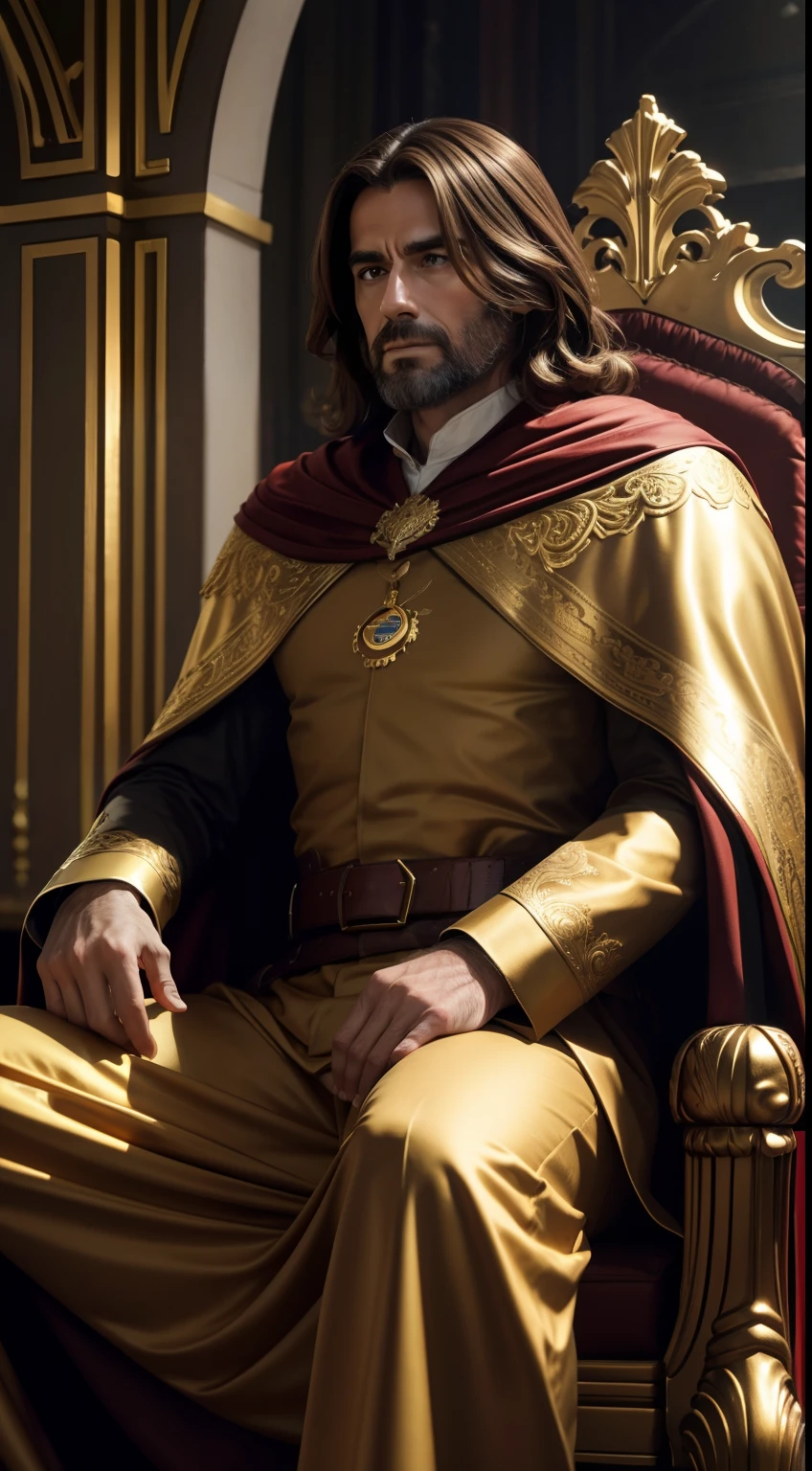 um homem de 39 anos de cabelo curto cor castanha, usando uma coroa de rei, with a hazelnut cape sitting on his golden throne