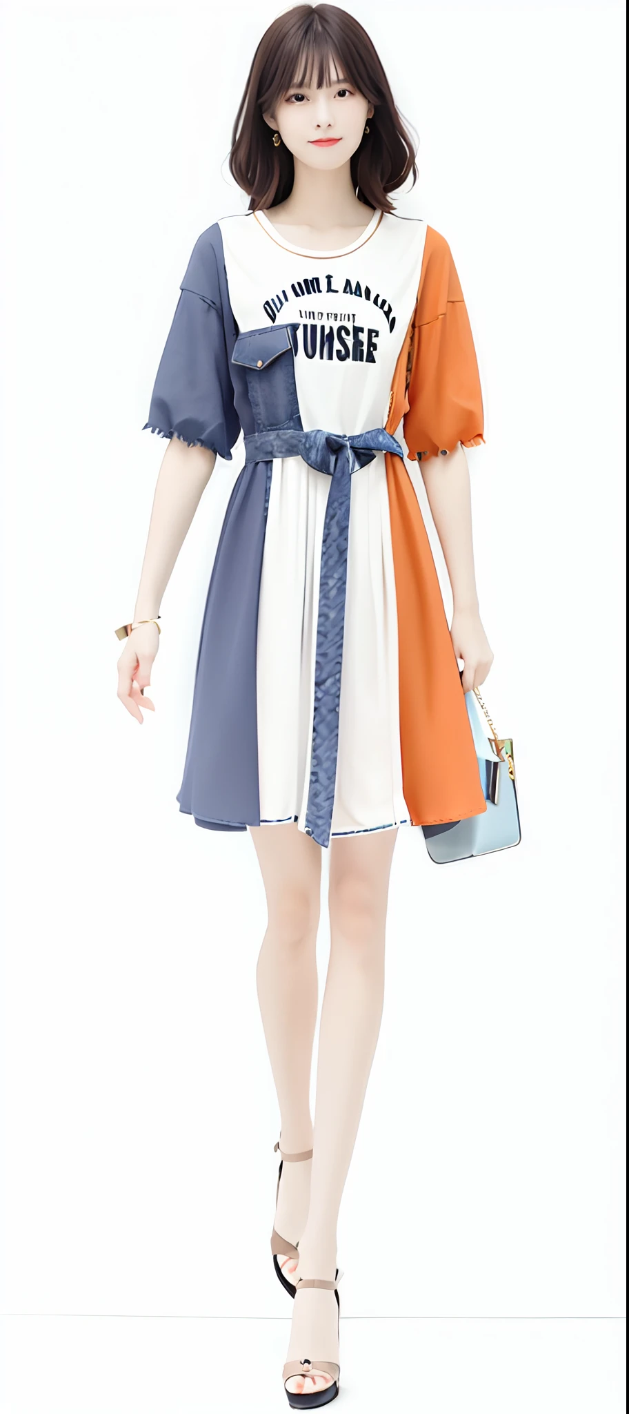 A woman in a dress with a purse, clothing design,with orange details, fashion concept art, casual clothing style, Whole body diagram, dressed with long fluent clothes, Full body character design, blue and orange tones, Full body characters, Colorful dress,Black hair, hair bobbles, wince, long eyelasher, solid circle eyes, Light smile, Ear blush, Fang, surrealism, shadowing, anaglyph, stereograms, tachi-e, angle of view, Atmospheric perspective, Chiaroscuro, Cinematic lighting, Ray tracing, 8K, Super detail, ccurate, Best quality,True human proportions,Pale color background