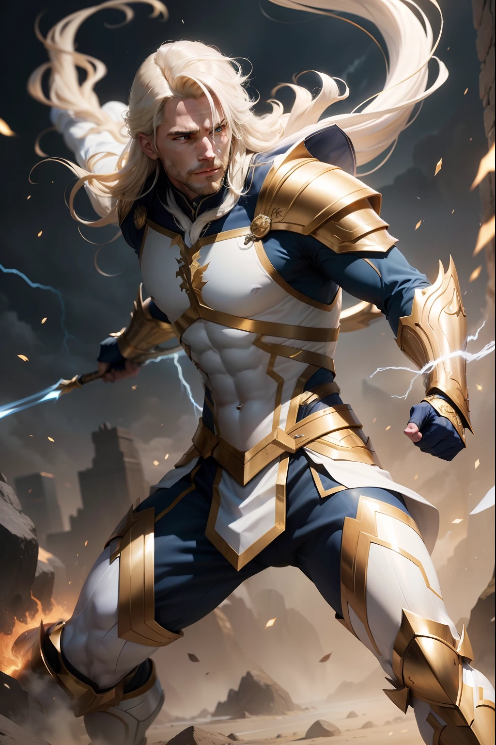 Man with bow Fantasy Action Armor Golden Hair Full Body White Blue Rays Action Background Add Golden Armor Improve Add Archer White Beast Lightning Effects, 25 anos