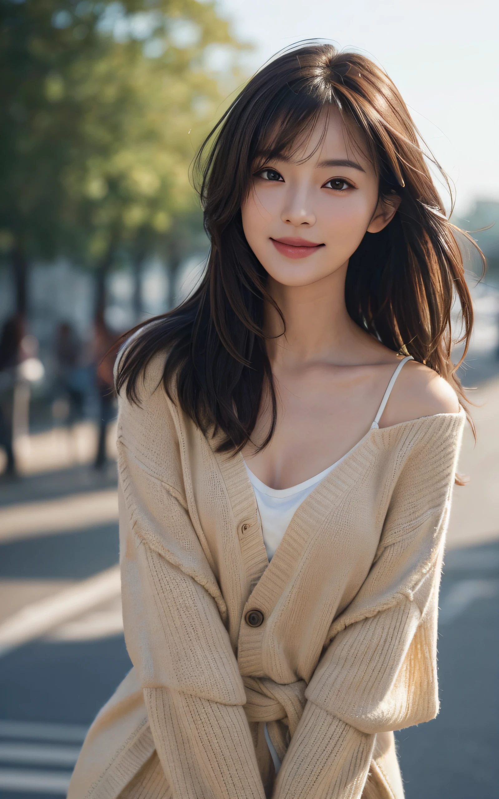 Masterpiece, best picture quality, high quality, beautiful woman, Japanese, detailed, detailed eyes, detailed skin, beautiful skin, ultra high resolution, (reality: 1.4),very beautiful, slightly younger face, beautiful skin, slender, (ultra realistic), (highresolution), (8K), (very detailed) (beautifully detailed eyes), (super detailed), cardigan, (wallpaper), (detailed face), looking at viewer, fine details, detailed face, smiling, looking straight ahead, looking straight ahead, angle from waist up, realistic photo, bright lighting, professional lighting, mature woman, brown hair, sway in the wind shoulder length straight hair, long stylish bangs,