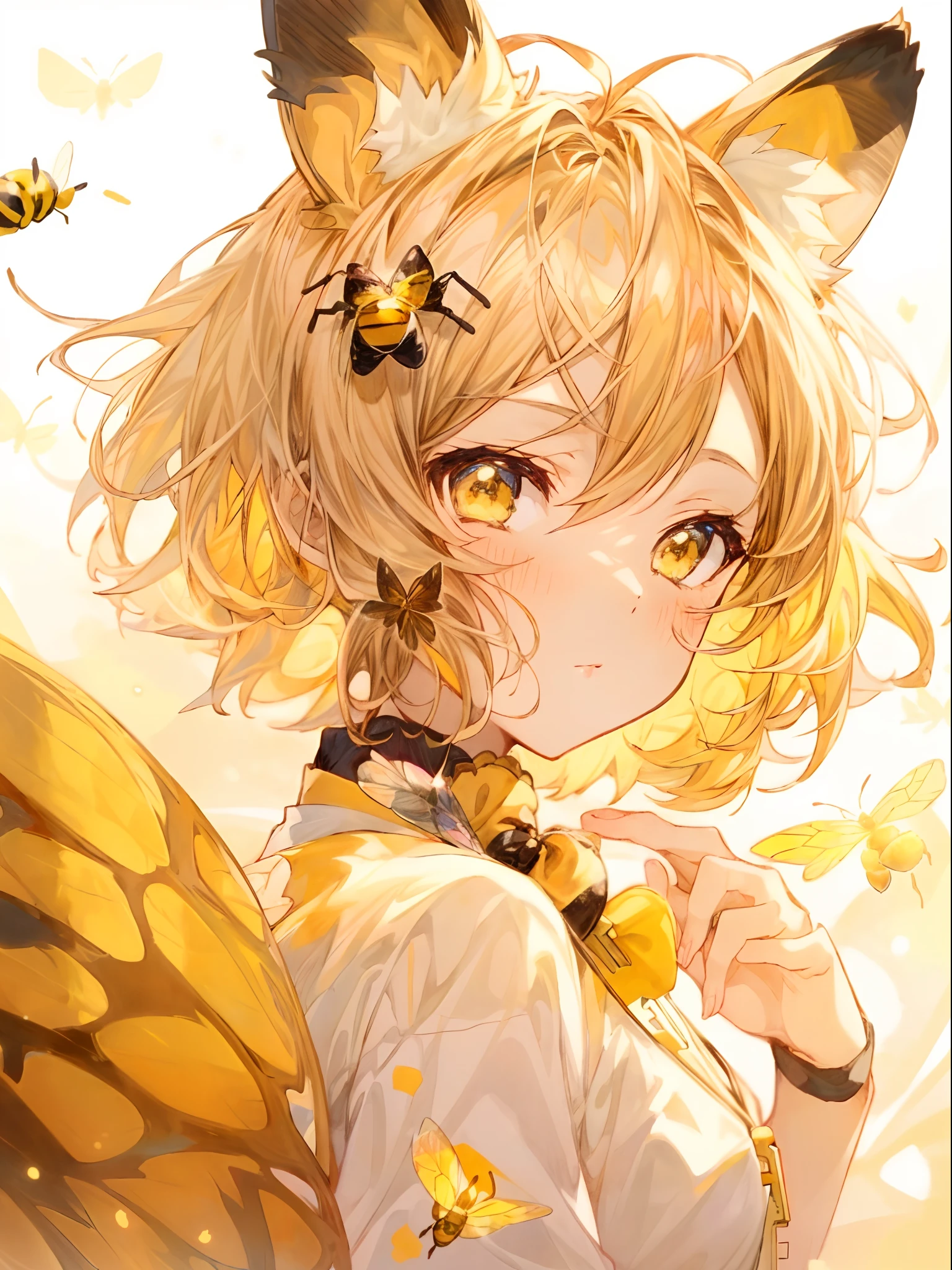 anime girl with a cat ears and a yellow dress, rin, beautiful anime catgirl, kagamine rin, detailed key anime art, official artwork, insect trainer girl, (bee), kyoani, key anime art, kawacy, anime girl with cat ears, trending on artstation pixiv, golden shining eyes, neferpitou, official art
