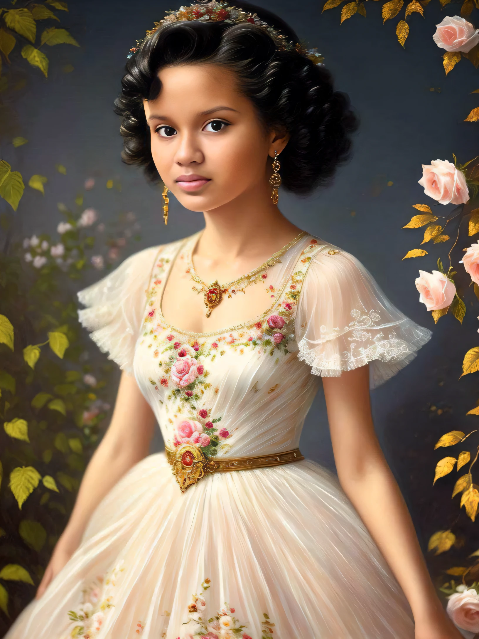 Arafed retrato de uma mulher em um vestido branco com flores, Pintura do retrato de uma princesa, retrato da princesa, inspirado em Sophie Gengembre Anderson, pintura de personagem bonita, Retrato de uma princesa, Retrato da princesa, princesa feminina bonita, menina elegante afro-americana, princesa bonita, No estilo de arte de Bowater, oil painting of princess vulvine, Retrato da princesa da fada