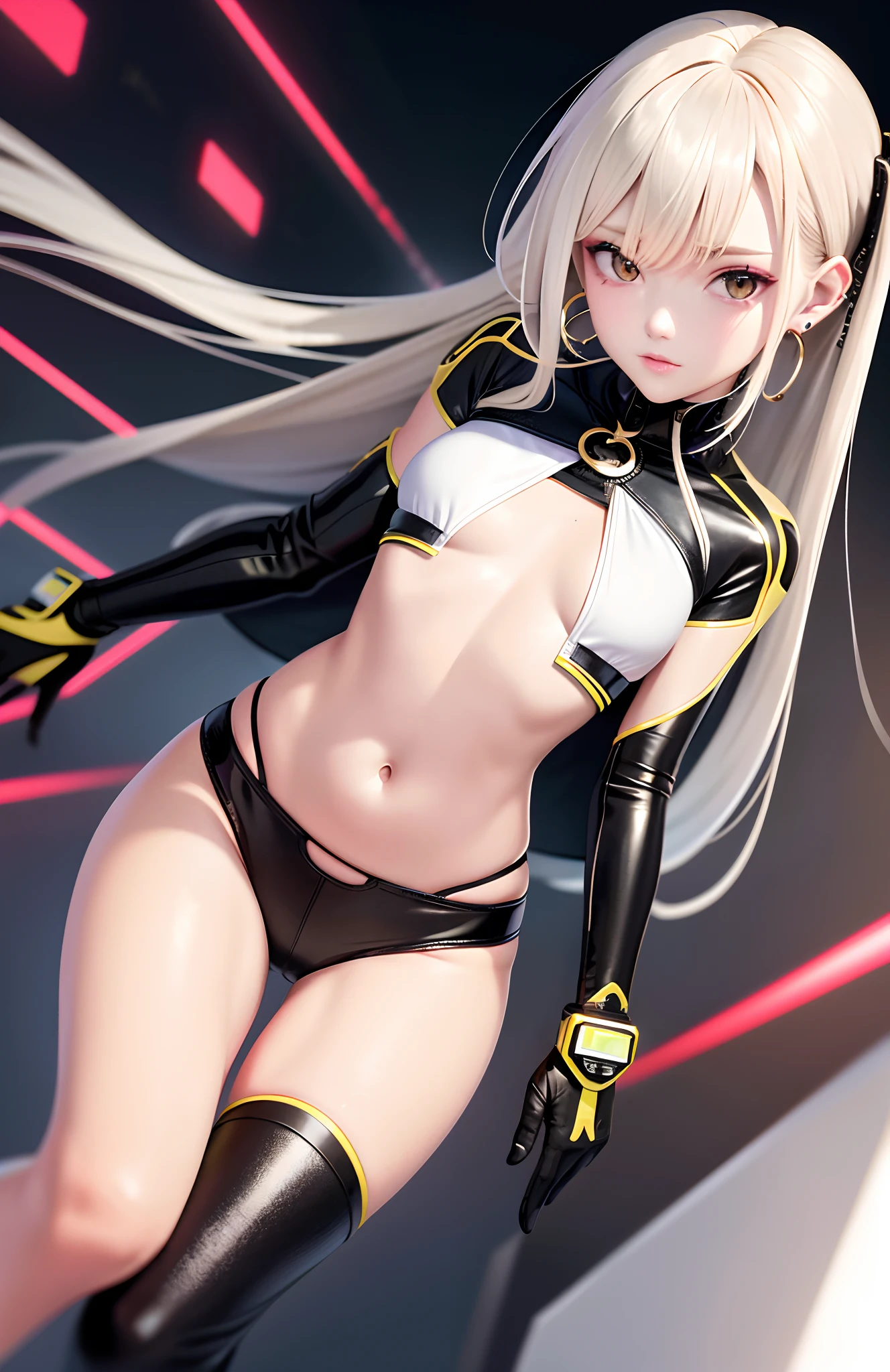 optimum,tmasterpiece,A high resolution,best qualtiy,hyper HD,super detailing,Award-Awarded,16k,独奏,(The upper part of the body),anatomy correct,Beautiful cyberpunk girl,cute face,,Gradient Beige Hair,Hairline,((Scarlet eyes)),long eyelasher,Hanging eye corners,White skin of the,(small boobs),(Slim body),((Women's extra short shawl leather jacket)),((racing_suit)),ear studs,(neck rings),(Laser material clothing:1.2)