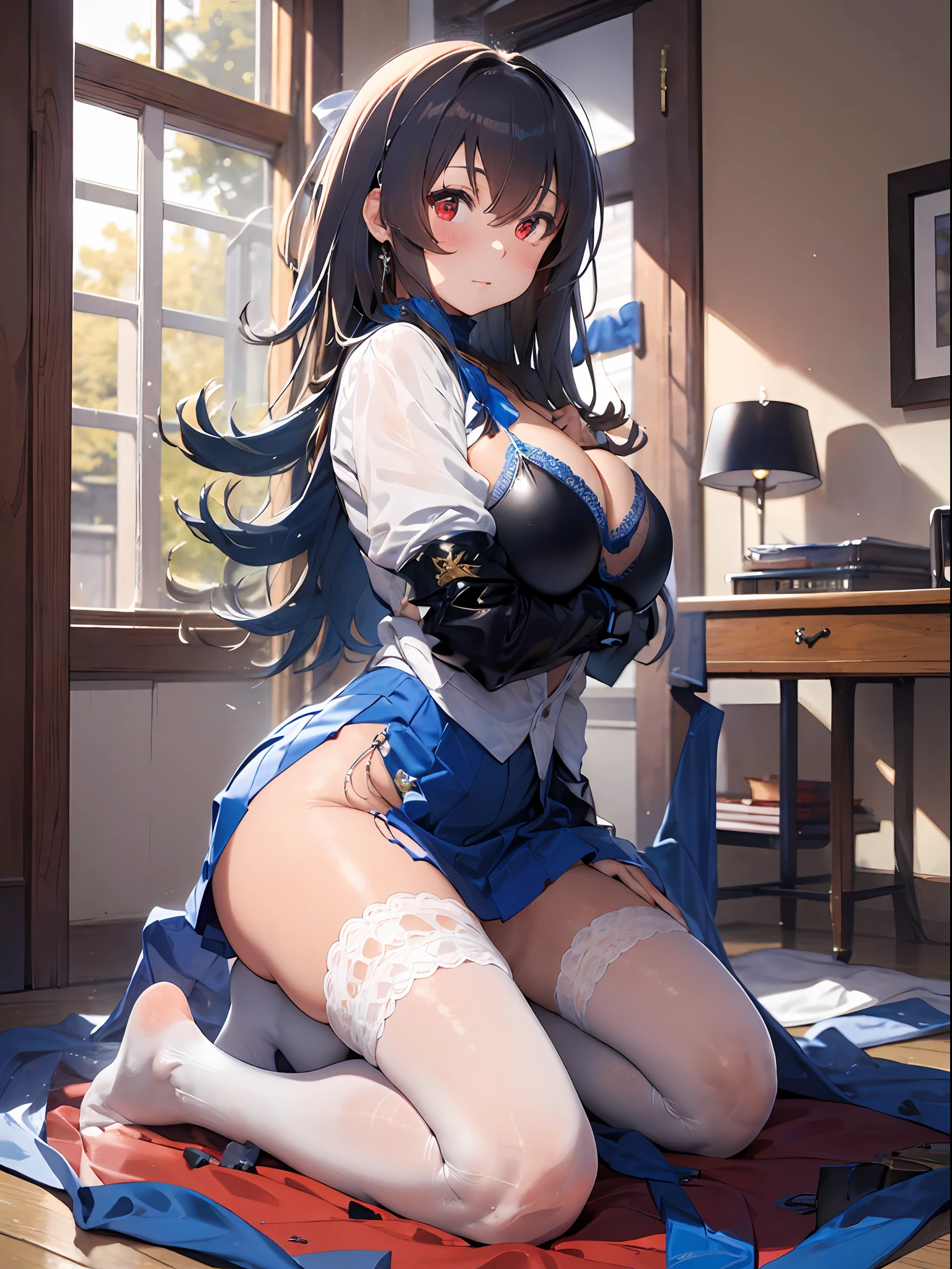 (Enrich the picture,Masterpiece level quality)Beautiful 8K CG artwork,Goddess-like posture,Kneeling exercise,Slim and soft,Translucent skin,Blue hair、The beauty of extra-long hair, Super Long Straight Hair,The skin is fair and juicy,Big breasts lingerie mini skirt uniform,Perspective Part 1.2x enhanced silhouette effect,Exquisite transparent blues pattern in pajamas,The details are intricate and exquisite,The background is slightly blurred,Charming and lustful leg seduction,Drool,K cups with big breasts,Blush,Japan goddess,Perfect body slim curves,