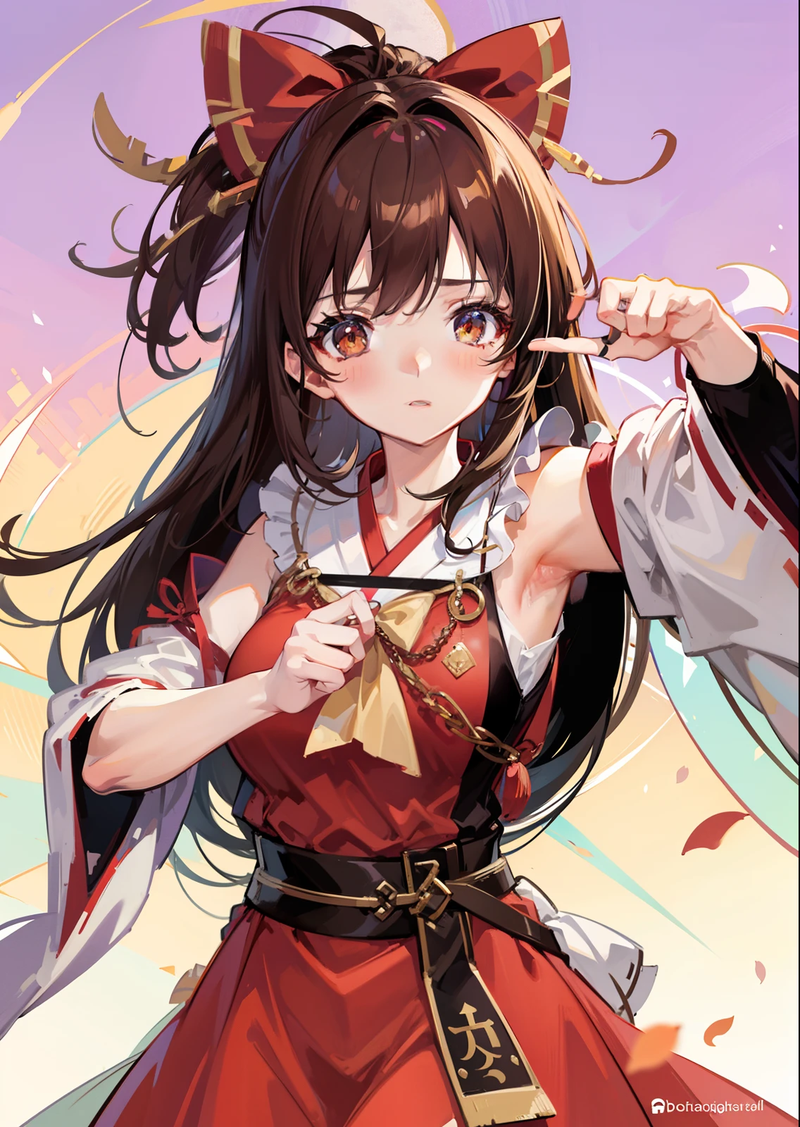 Blush,Japanese witch costume,brown boots，Brown hair, ahoge,Brown eyes,  torogao, Reflectors, Yandere, anime big breast, Chiaroscuro, Ray tracing, shadowing, hyper HD, Masterpiece, Accurate, Anatomically correct, Textured skin, Super detail, High details, High quality, Award-Awarded, Best quality, A high resolution, 16k，adolable，red bow，Long red dress