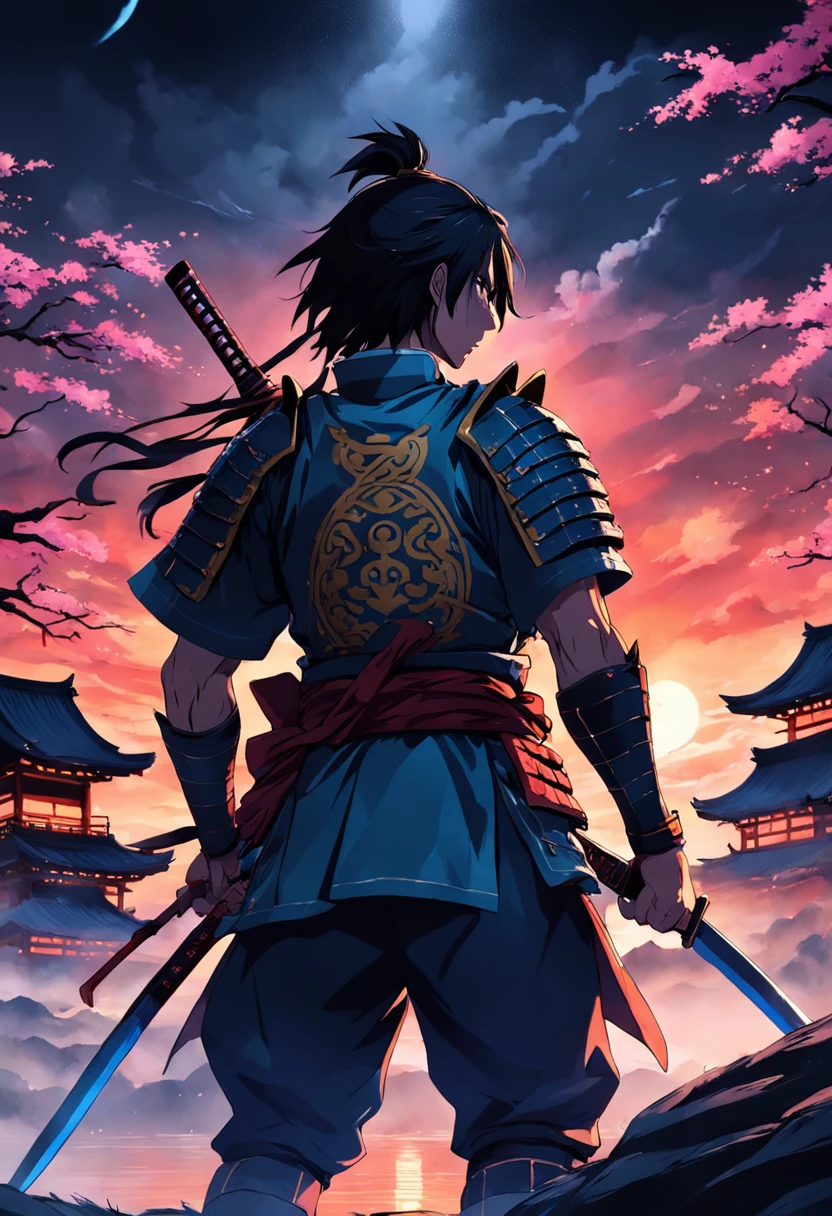 make a samurai alone fighting in all his life and looking depressed with cool armor looking at midnight sky