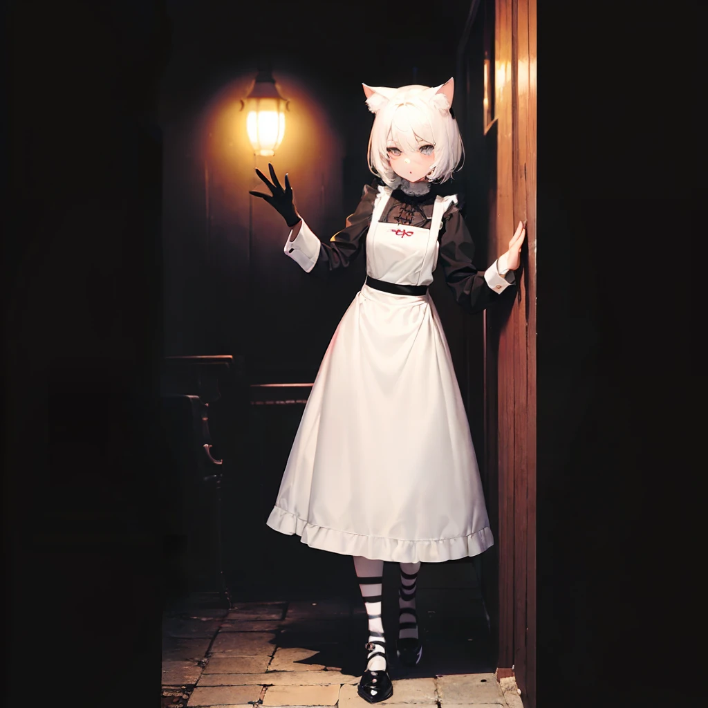 (1girl:1.9), (black and white hair:1.5), (black and white zebra stripe tights), (full-length gloves), (catgirl wearing a frilly turtleneck collar)+++++, ("large key" hanging from chain on her belt)+++++, (chain wrapped around her waist)++++, (key attached to her chain-link belt)+++++, (neat straight white bobcut)+++++, (silver-haired bowlcut haircut with black bangs)++, (zebra-stripe bangs), (a few black locks-of-hair of hair), (some black-dyed stripes in hair), (a few white locks-of-hair in her hair), (some white-dyed stripes in her hair), (some black-and-white zebra stripes in her hair), colorful, goth vampiress in the grimdark anime style of yoshitaka amano's vampire hunter d, (single camera shot of one catgirl maid)++, (unusual camera angle)++, (full-body camera shot of the catgirl maid)++, (low-angle diagonal camera shot of the catgirl maid)++, (entire body of catgirl maid is visible)++, (ground-level full-body camera shot of dracula's derpy christ-loving catgirl waifu facing the camera)++, catgirl horsegirl nekomusume umamusume horse ears cat ears maid, catgirl maid hostess welcoming you to the dirty cafe, in clean detailed anime art style, gothic, holy, black hair with white stripes, black and white striped hair, in the complementary styles of various different randomly-selected anime, gravestones and crucifixes, (middle-distance camera shot of the catgirl maid), two-tone hair, zebra hair, one white nekomimi and one black nekomimi, black and white fashion, black-and-white cat-striped tights, one of her shoes is black and the other is white, blank wide-eyed stare, unsettling spooky deadpan facial expression, (grey eyes)++, flat affect, slight frown, angry at you for interrupting her, catgirl maid with zombie-like stare, furrowed brow, skeptical expression, mature female, 30 years old, (in a grungy dishevelled disheveled setting), tired from working too hard, sighing, releasing a sigh, skeptically welcoming you, exasperatedly inviting you into a cluttered place