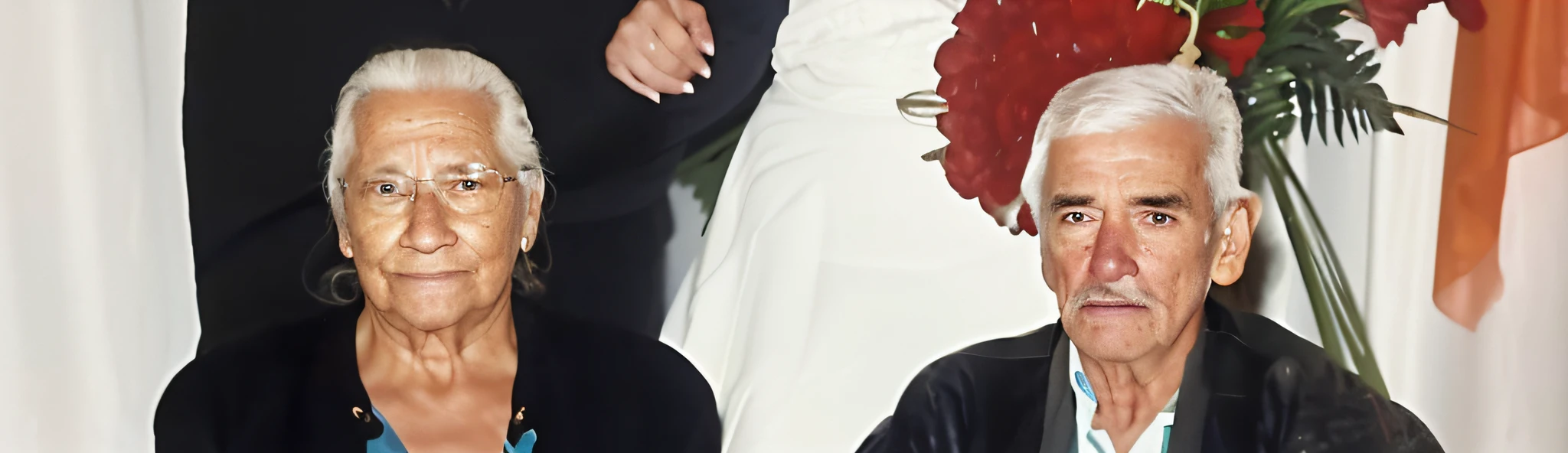 Chubby thic mature wife, brown hair, Brown eyes, wearing wedding dress, kmeeling in the bed with tall husband, smiley expression, in hotel room, kissing, 4 tall horny men with Big hard penis watching, hugging from behind, view from behind