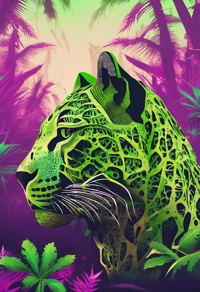 Create an image of a green jaguar with a unique pattern, where the small spots are replaced by small marijuana leaves, symbolizing the connection between wild nature and the plant.