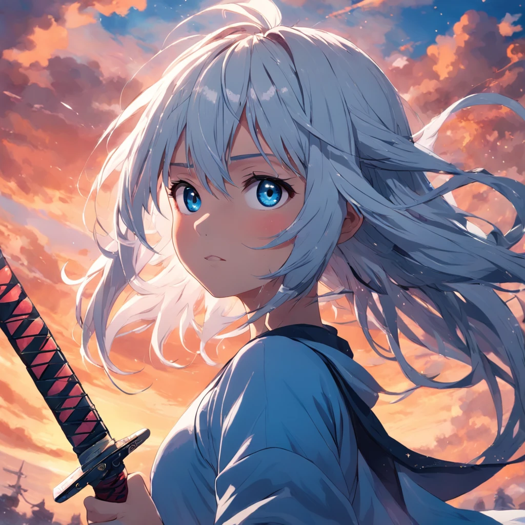 masterpiece, best quality, movie still, 1girl, katana, fight scene, vivid blue eyes, white messy hair, floating in the sky, close-up, bright, happy, warm soft lighting, sunset, (sparks:0.7)