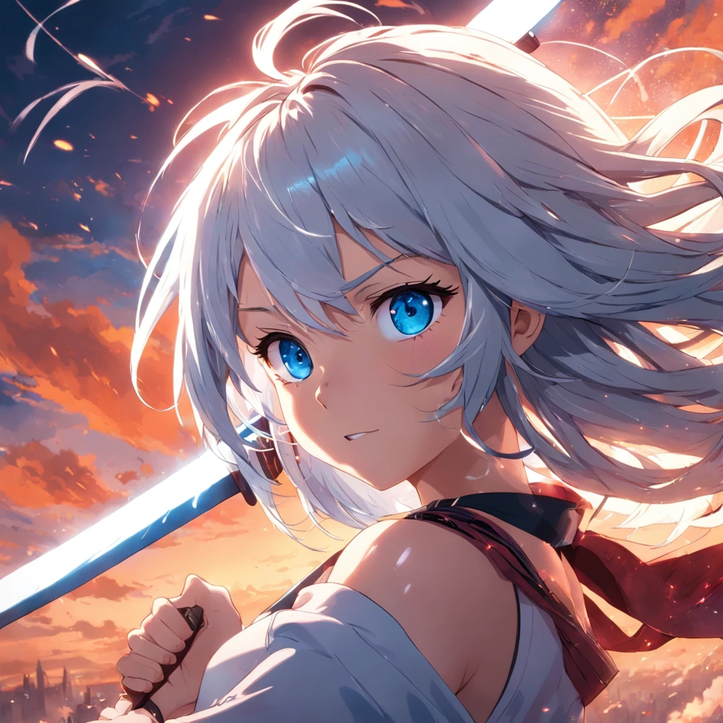 masterpiece, best quality, movie still, 1girl, katana, fight scene, vivid blue eyes, white messy hair, floating in the sky, close-up, bright, happy, warm soft lighting, sunset, (sparks:0.7)