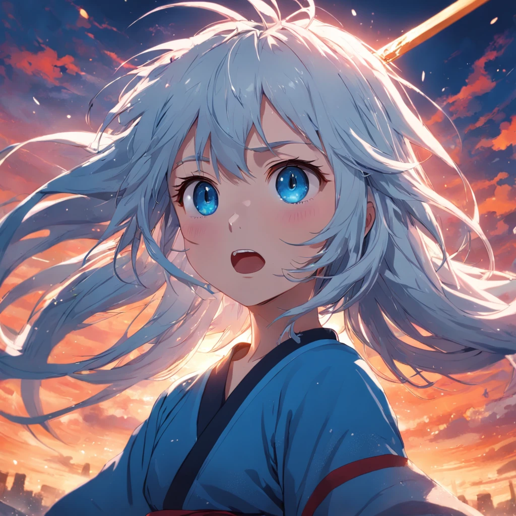 masterpiece, best quality, movie still, 1girl, katana, fight scene, vivid blue eyes, white messy hair, floating in the sky, close-up, bright, happy, warm soft lighting, sunset, (sparks:0.7)