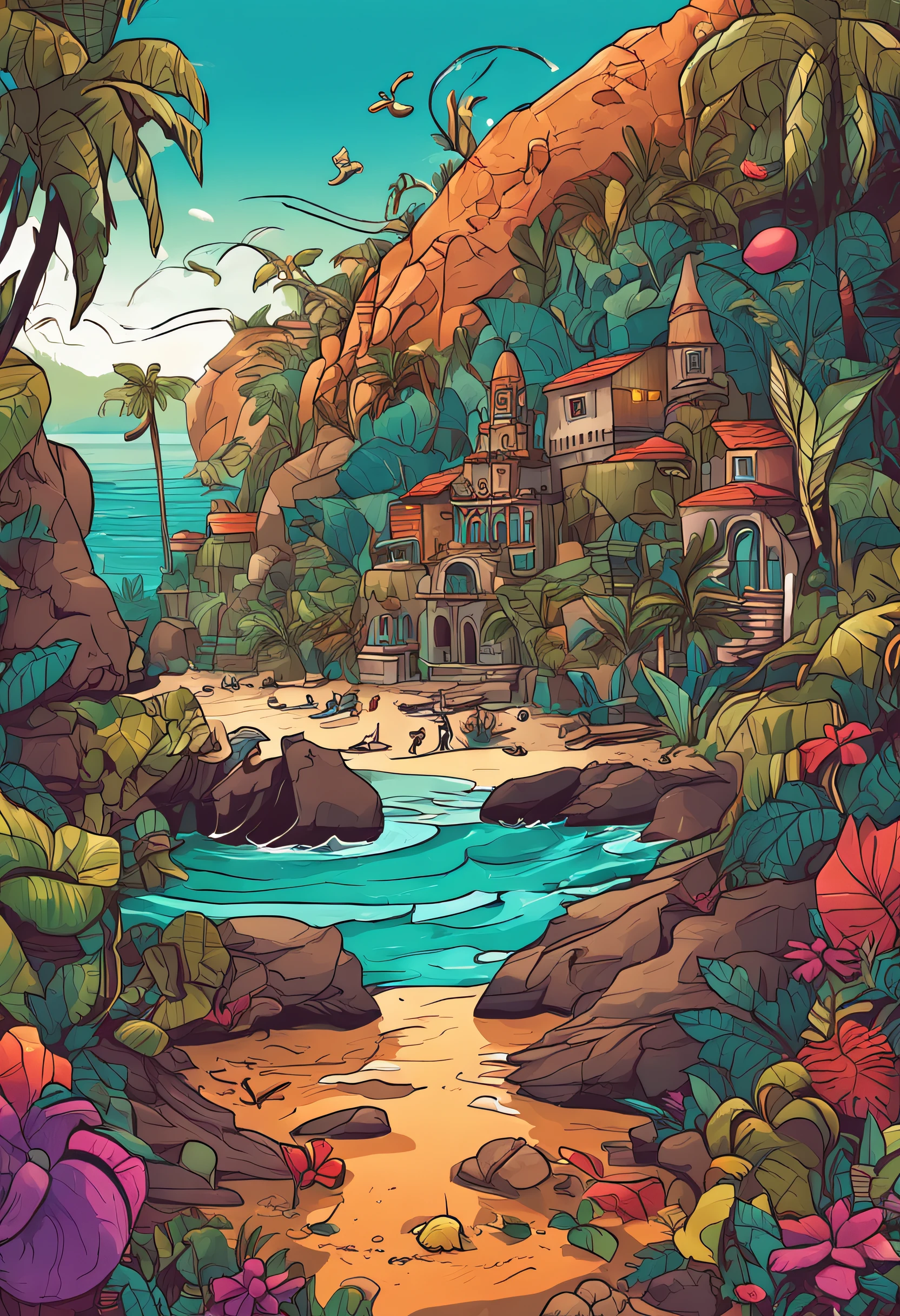 uma ilha em forma de nota musical, no meio do mar, Pintura SNES