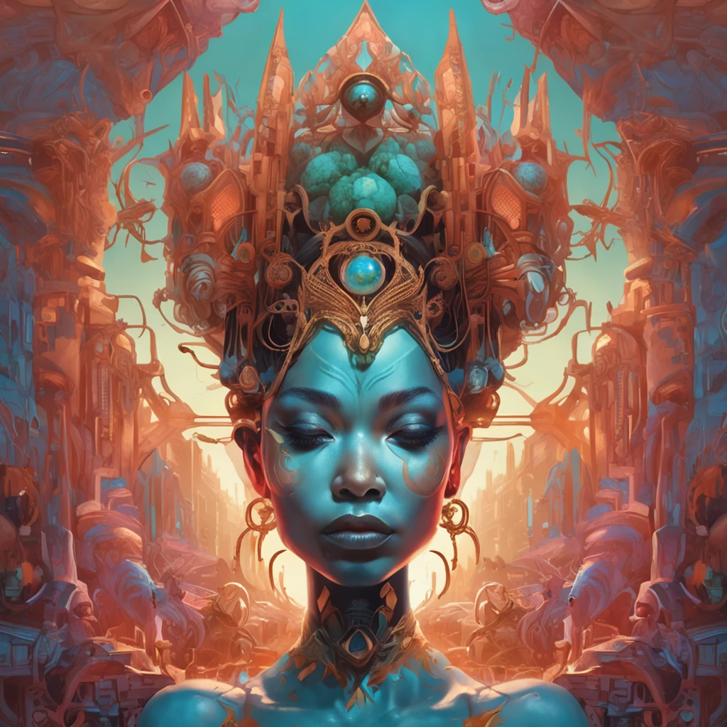 a close-up of a face with a crown on it, Godmachine, Beeple et Jeremiah Ketner, Greg Beeple, DMT Dieu, Dans le style de Peter Mohrbacher, Peter Mohrbacher et Takayuk, Style Peter Mohrbacher, Beeple et Jean Giraud, Djinn bleu, Artwork Psytrance