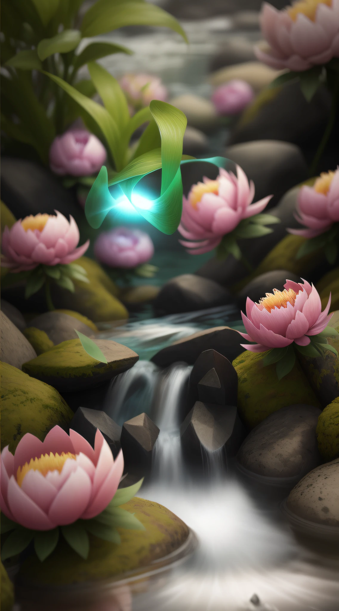 Peony flower monster in the stream，Virtual Engine 5，Perfect detail rendering，rendering by octane，hyper HD