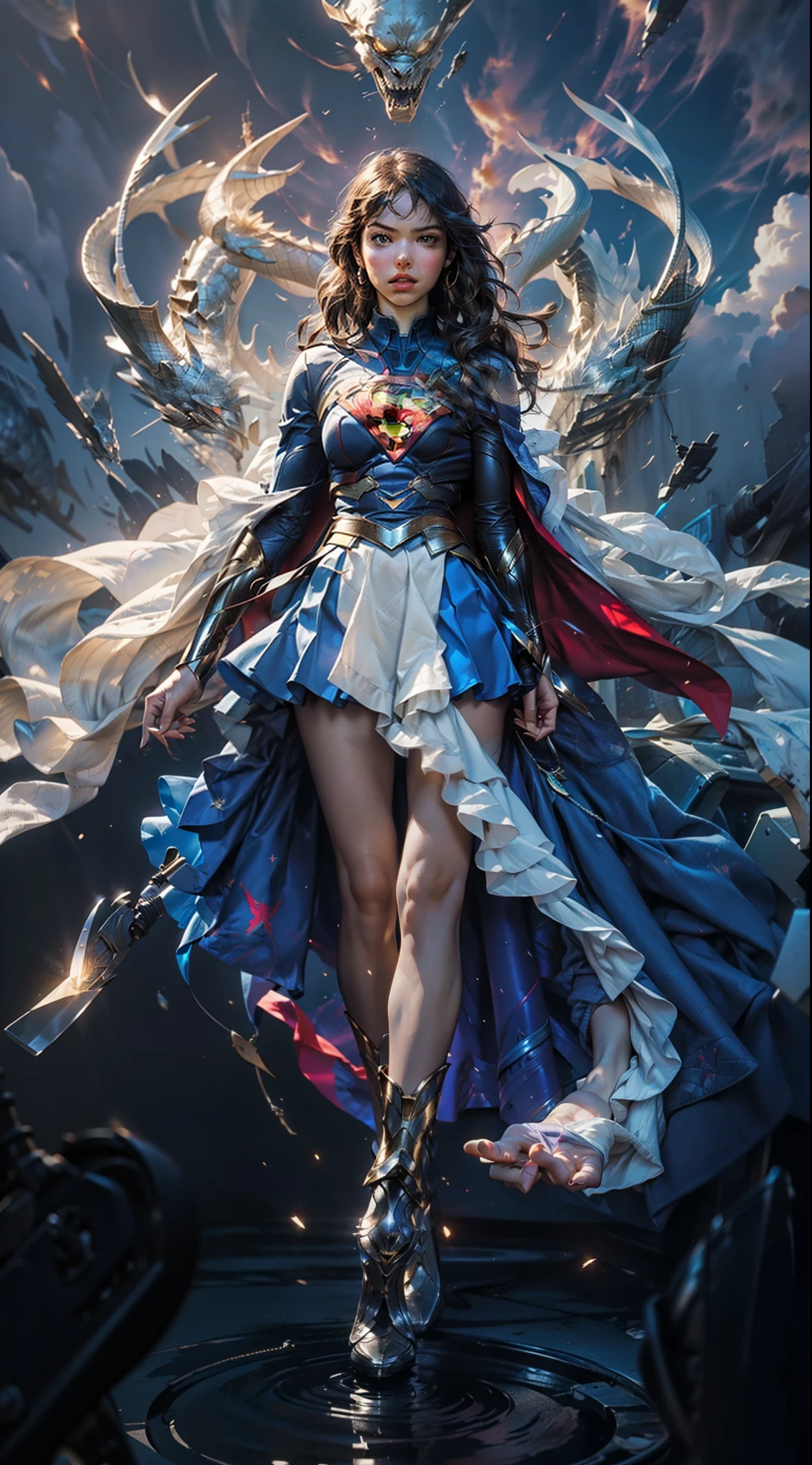 (maximum resolution: 1.2), (Ultra HDTV: 1.2), 8K resolution, Eye and skin detail, detailed facial features, , ( Sharp focus: 1, 2）, (Precise focus) facial expression: 1,2), Girl standing , (Supergirl shirt), (long hair), Black hair , Sky, Light, Superman, Supergirl cosplay