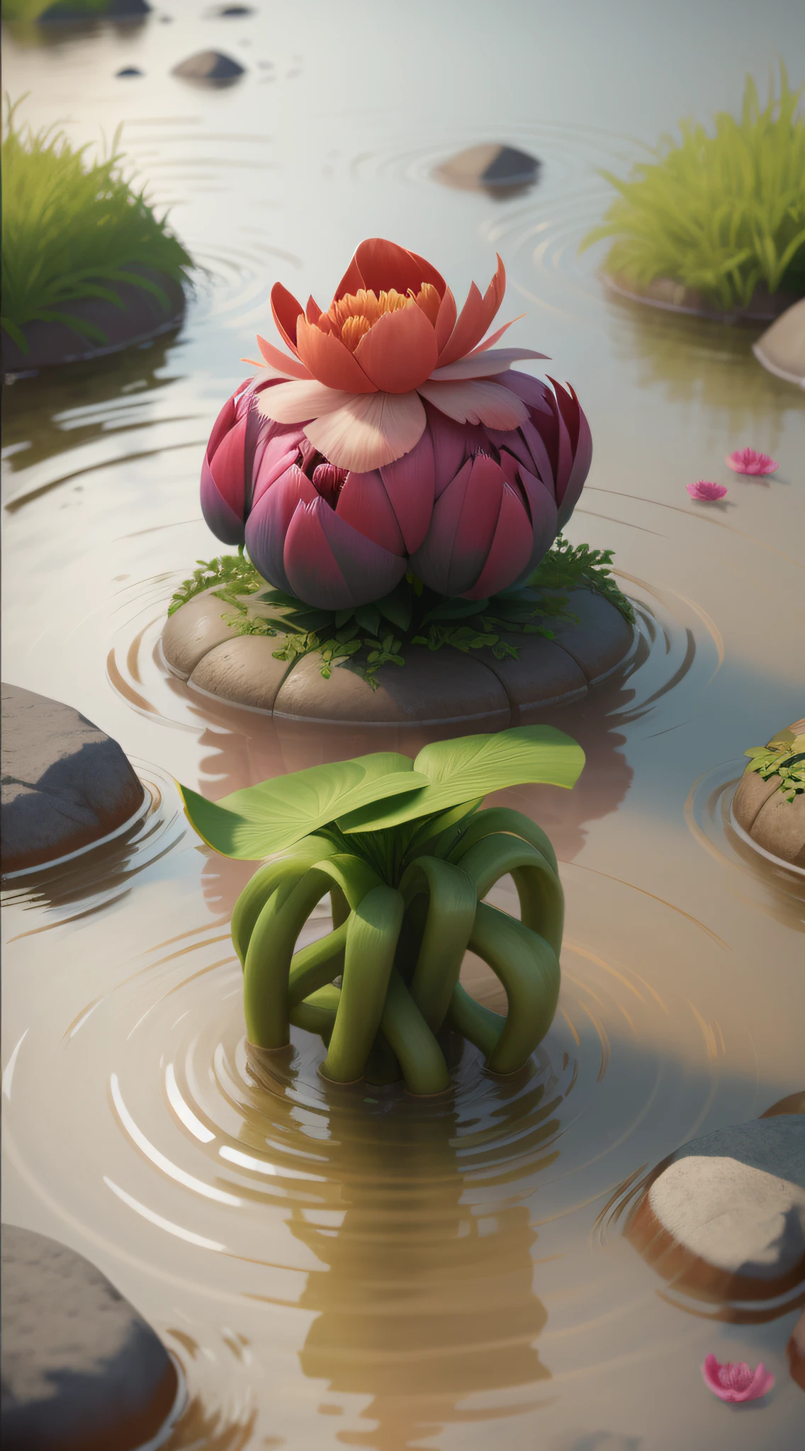 Peony flower monster in the stream,Virtual Engine 5,Perfect detail rendering,rendering by octane,hyper HD