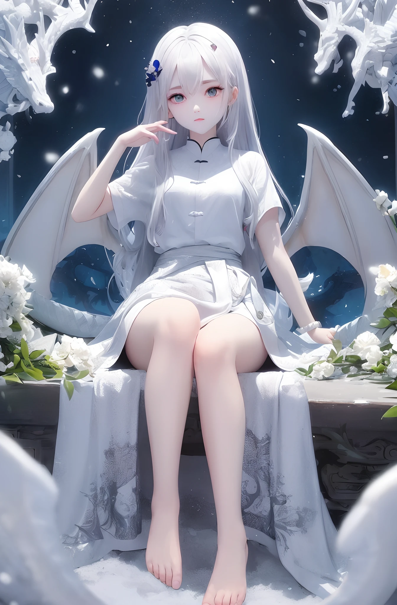 Shen Yiling was wearing a snow-white dress,The waist is tied with a beautiful ribbon,The waist is particularly slender。
She was barefoot,The toes are as white as mutton fat jade,Clever and small,Yingying is warm,It looks particularly good-looking。
Feet up are a pair of slender legs,White and slender。
Even more beautiful,Behind her, there were nine snow-white fluffy tails dancing slowly。Further up are the pair of milky white wings,Gently instigated,Put her long silver hair like a waterfall,Blowing up。
The diamond-shaped pale pink dragon scales in the center of the eyebrows,It adds a touch of mystery to her。
The morning light shrouded her,Make her look as if from verse、The stunning woman who walked out of the scroll。
It's so beautiful that it's suffocating。